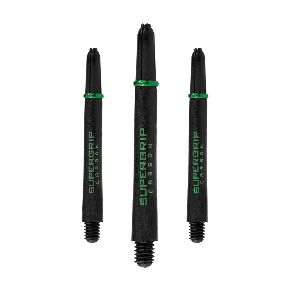 HR362_Harrows_Supergrip_Carbon_Shafts_Gr-n_47mm_1DWGGpB4uO16zS Das Bild zeigt drei Harrows Supergrip Carbon Shafts in der Farbe Grün. Sie sind schwarz mit grüner Aufschrift und einem grünen Ring.