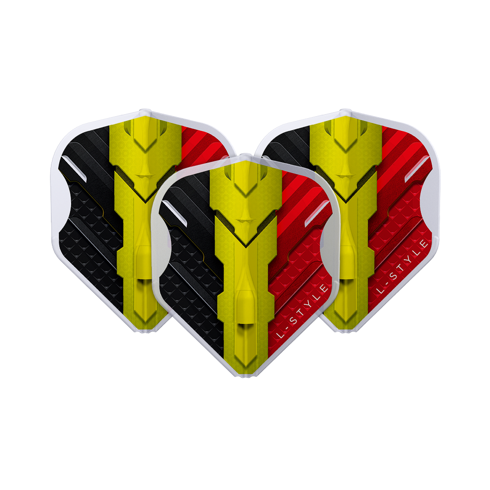 L-Style V-Series V1 Type C Belgium Clear White L1EZ Flights Das Bild zeigt drei Dart-Flights des Modells "L-Style V-Series V1 Type C Belgium Clear White L1EZ Flights". Die Flights sind in den Farben Schwarz, Gelb und Rot gestaltet und zeigen ein modernes Design.