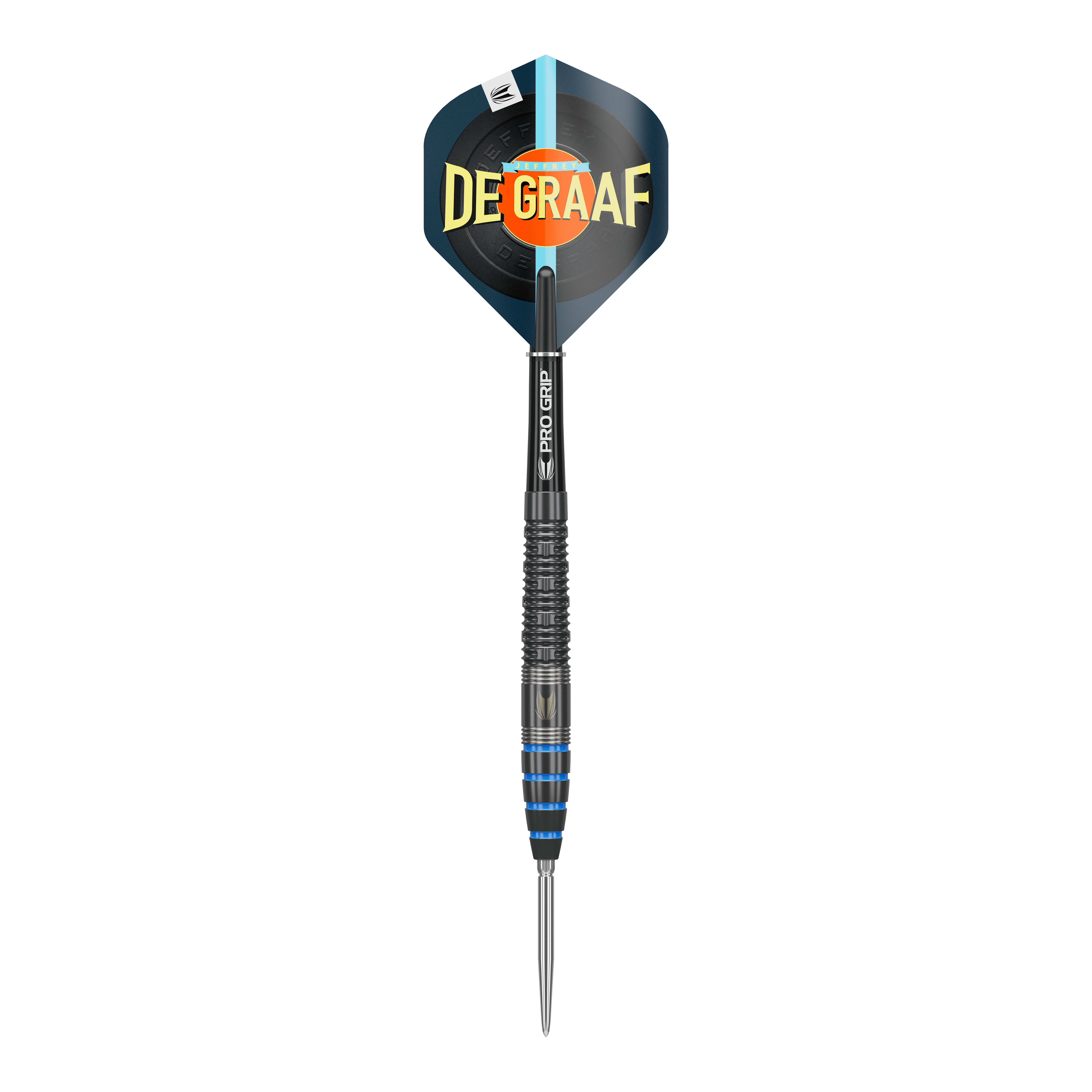 Das Bild zeigt einen Target Jeffrey De Graaf GEN1 Swiss Point Steeldart mit 23g Gewicht. Der Dart hat einen schwarzen Schaft und blaue Akzente am Griff, auf dem Flight steht "DE GRAAF".