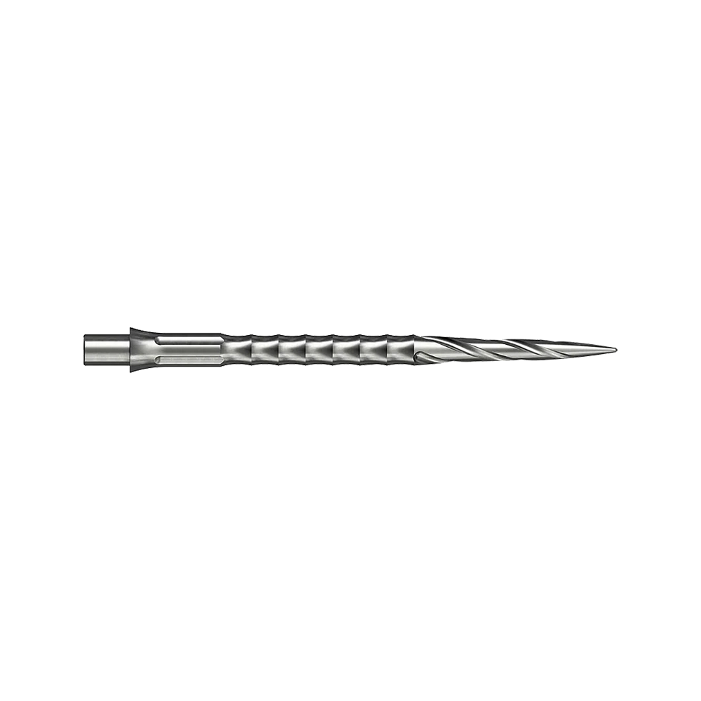 Zwei silberne Steeldartspitzen im Spiro NoLip Design sind zu sehen. Sie sind 36 mm lang und liegen nebeneinander.