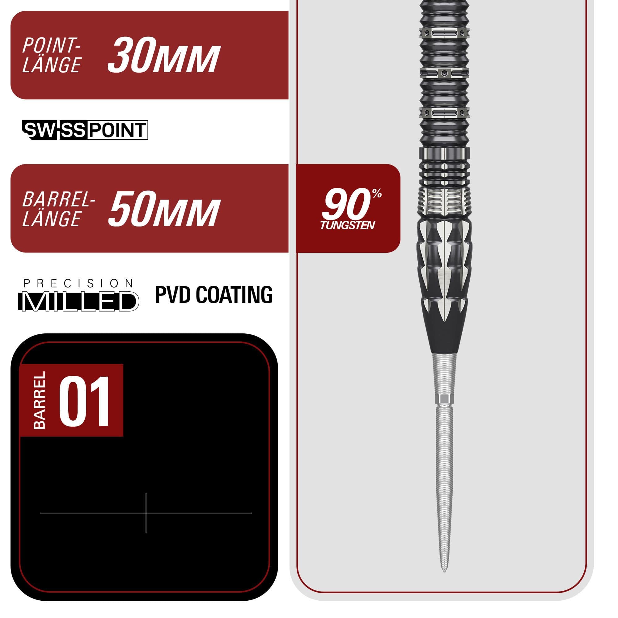 Target Japan Pyro GEN12 Swiss Point Steeldarts Einzelne Target Japan Pyro GEN12 Swiss Point Steeldarts werden präsentiert. Die Gravur und Struktur des Barrels ist sichtbar.