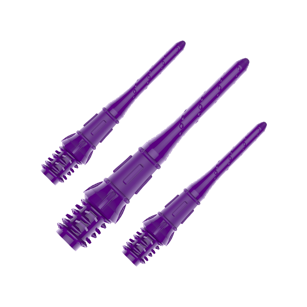 Premium Lippoints (30er Pack) - Spitzen Auf dem Bild sind drei lila Dartspitzen zu sehen. Sie sind aus Kunststoff und haben ein Schraubgewinde am Ende.