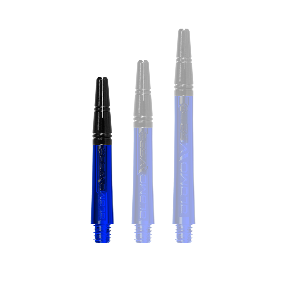 Harrows Alamo VS2 Shafts - Blau Auf dem Bild sind drei blaue Dartschäfte in unterschiedlichen Längen zu sehen. Die Schäfte haben jeweils ein schwarzes Oberteil und einen Schraubgewinde am unteren Ende.