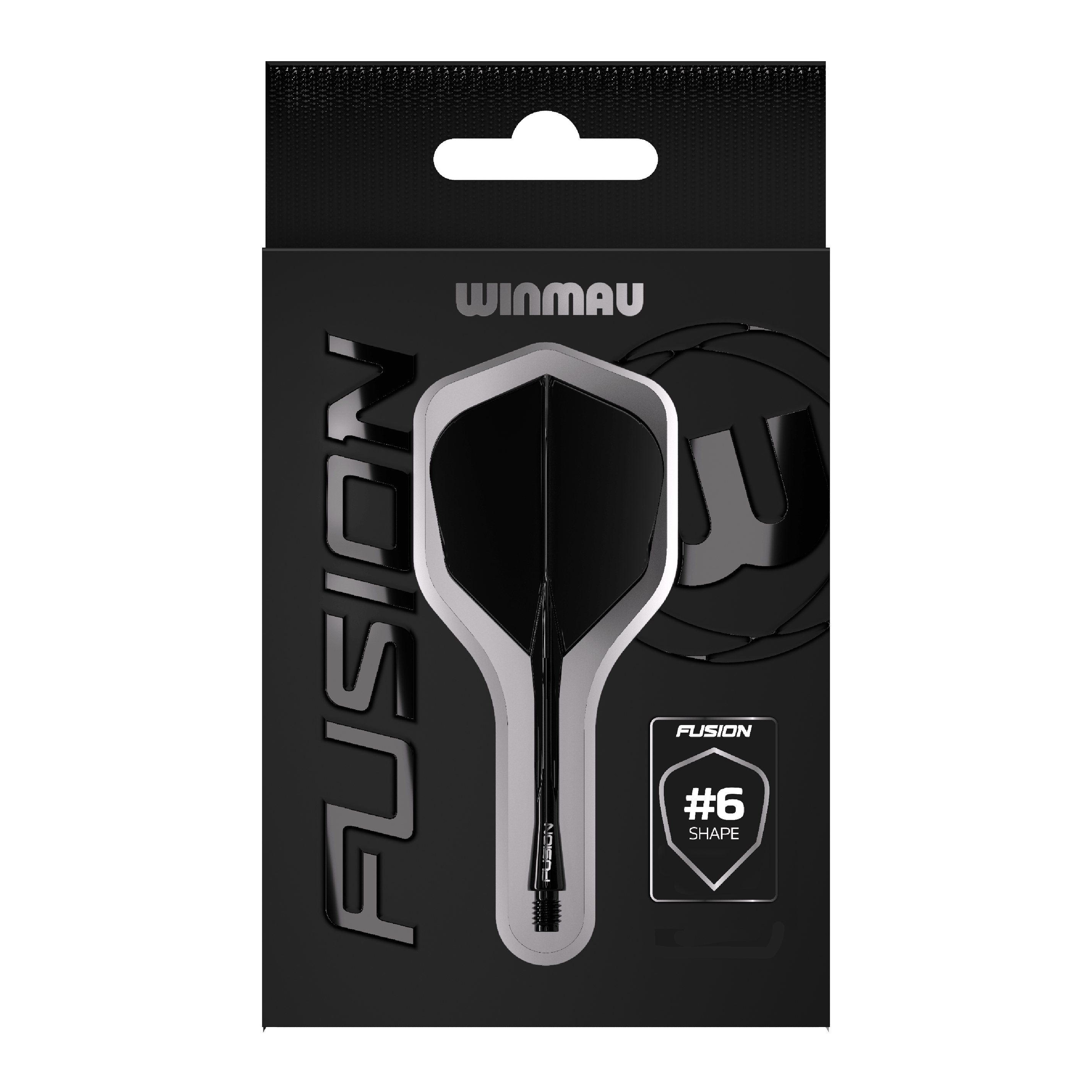 Winmau Fusion Flight-Shaft-System No6 Schwarz Das Bild zeigt eine Verpackung des Winmau Fusion Flight Shaft Systems in Schwarz. Auf der Verpackung steht, dass es sich um die Form Nummer 6 handelt.