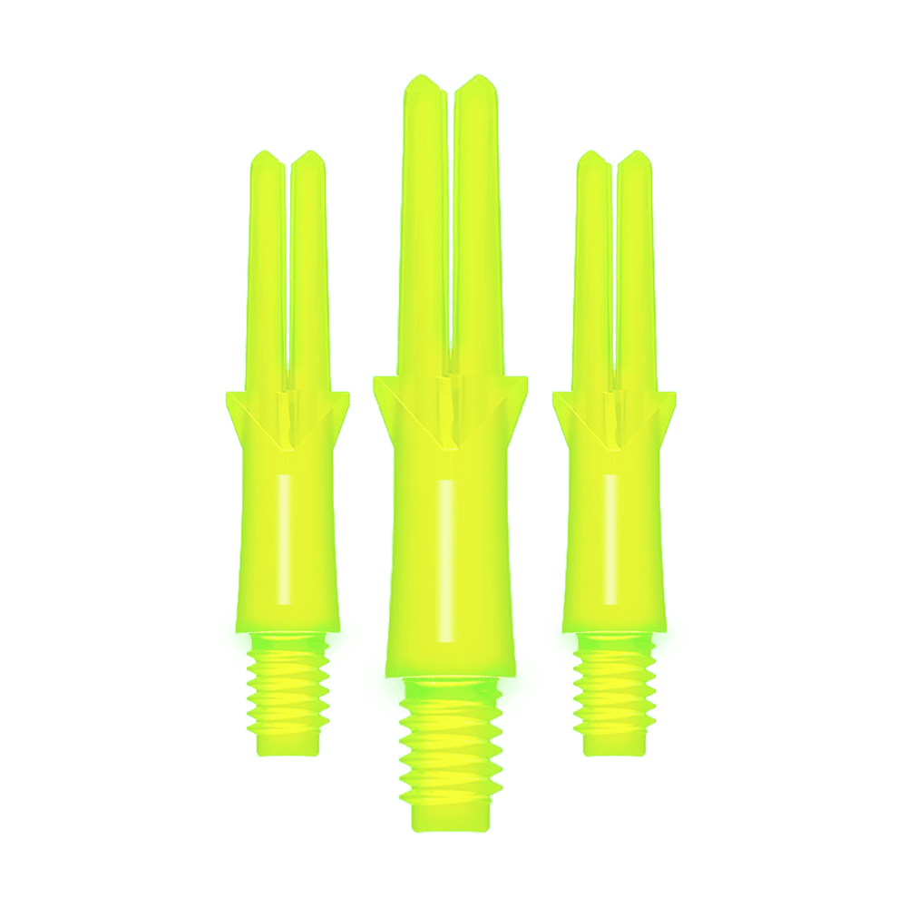 Das Bild zeigt drei neon-gelbe, gerade Dart-Schäfte mit Gewinde. Sie sind unterschiedlich lang und stehen nebeneinander aufrecht.