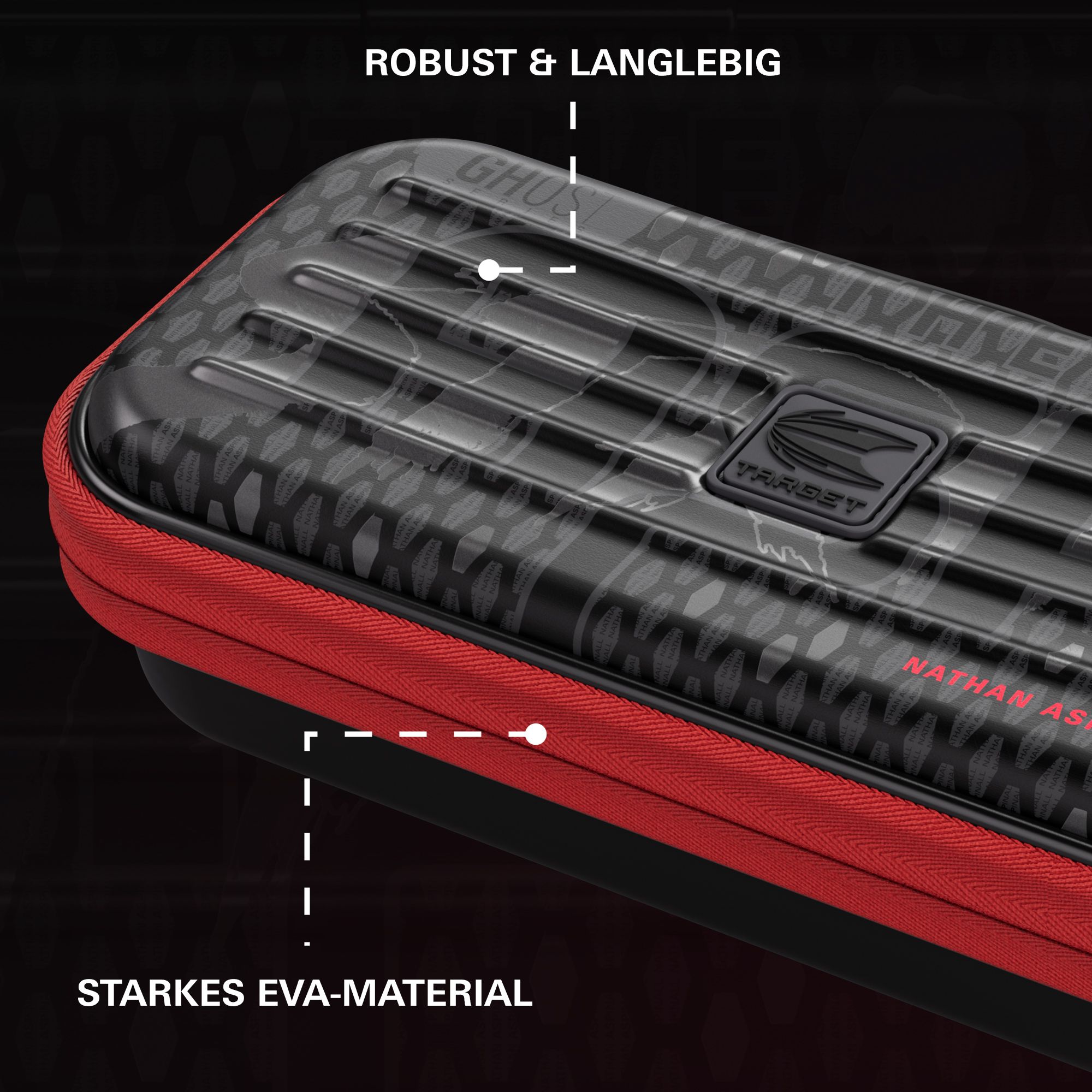Takoma Ghost Series Nathan Aspinall Dartcase Das Bild zeigt das Dartcase der Takoma Ghost Series Nathan Aspinall. Es handelt sich um ein spezielles Dartcase für Dartzubehör.