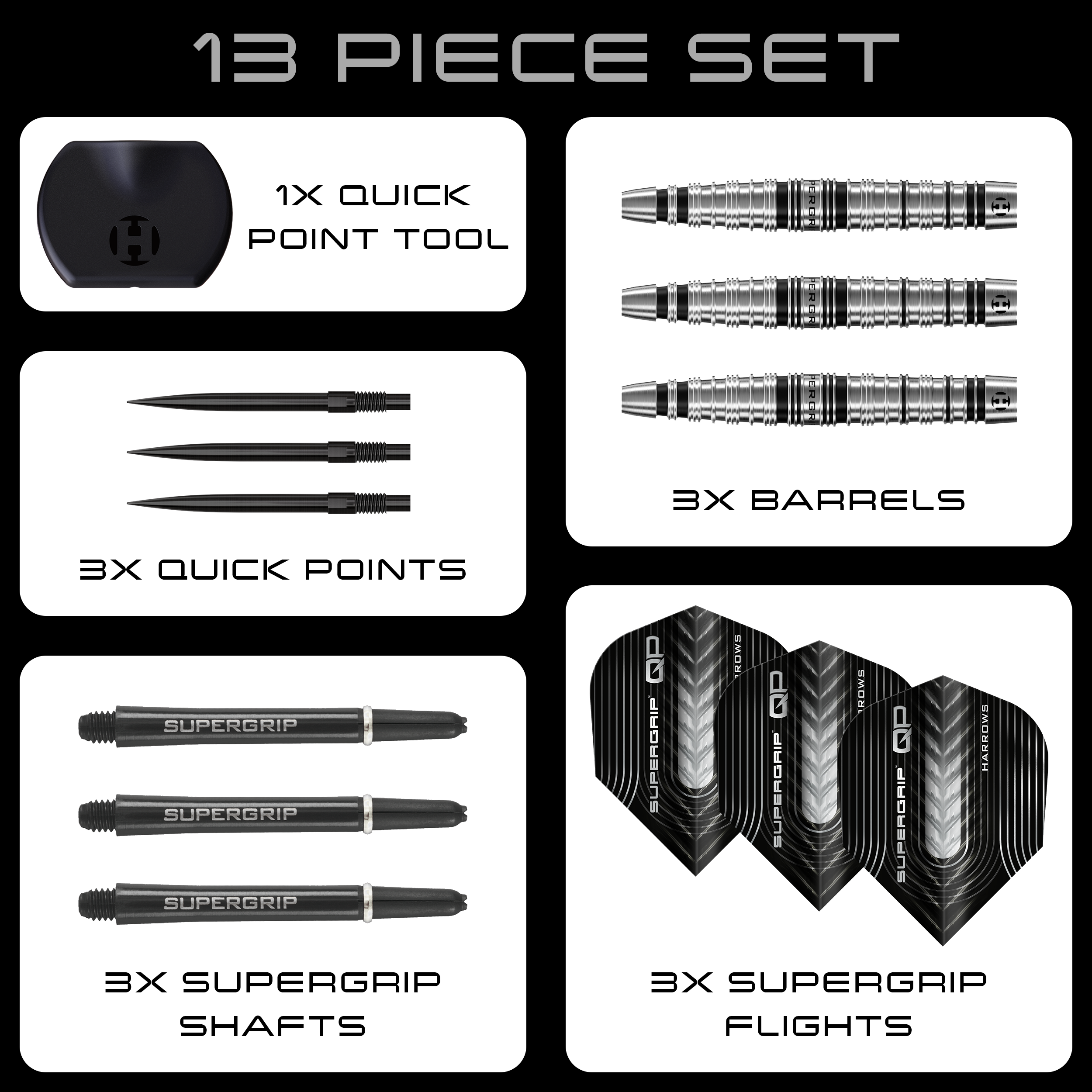 Harrows Supergrip Torpedo Quick Point Steeldarts Harrows Supergrip Torpedo Quick Point Steeldarts sind auf dem Bild zu sehen. Eine Detailansicht hebt den Produktbereich hervor.
