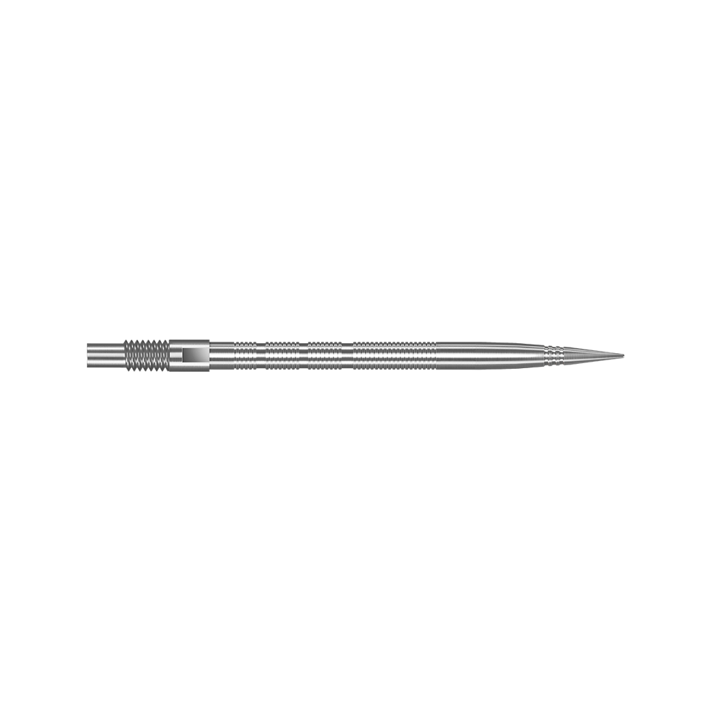 Harrows Quick Point Micro Ridge Dartspitzen - Silber Gezeigt werden silberne Harrows Quick Point MicroRidge Dartspitzen mit 35 mm Länge. Die Dartspitzen liegen nebeneinander auf einem weißen Hintergrund.