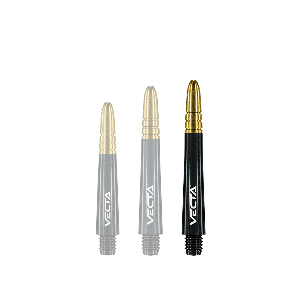 7025-209_Winmau_Vecta_Shafts_Schwarz_Gold_40mm_1KlcNq2vNI8o9D Auf dem Bild sind drei Dartschäfte zu sehen. Sie sind schwarz mit goldener Spitze und haben die Aufschrift "Vecta".