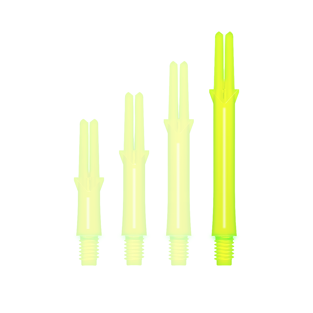 Das Bild zeigt vier neon-gelbe Kunststoffschäfte für Darts in verschiedenen Längen. Sie stehen nebeneinander aufrecht, wobei jeder Schaft ein Schraubgewinde am unteren Ende hat.
