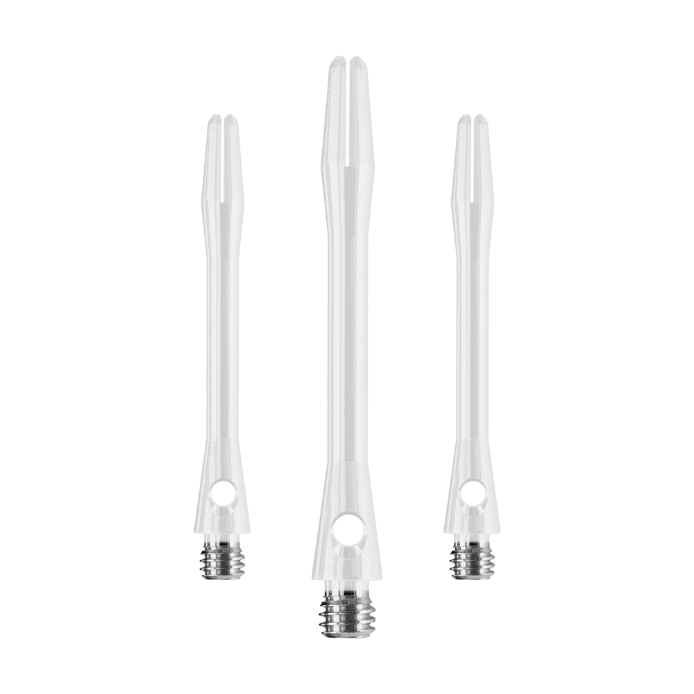 HR373_Harrows_Keramic_Shafts_Weiss_41mm_1GMWRDnji9eW1E Das Bild zeigt drei weiße Harrows Keramic Shafts für Dartpfeile. Sie sind aus robustem Material gefertigt und haben einen Metall-Gewindeanschluss.