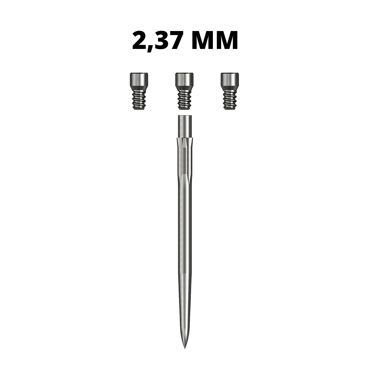 Das Bild zeigt Steeldartspitzen aus dem Caliburn Evo System mit einer Länge von 23,7 mm. Die Dartspitzen sind metallisch und eignen sich für präzises Dartspiel.
