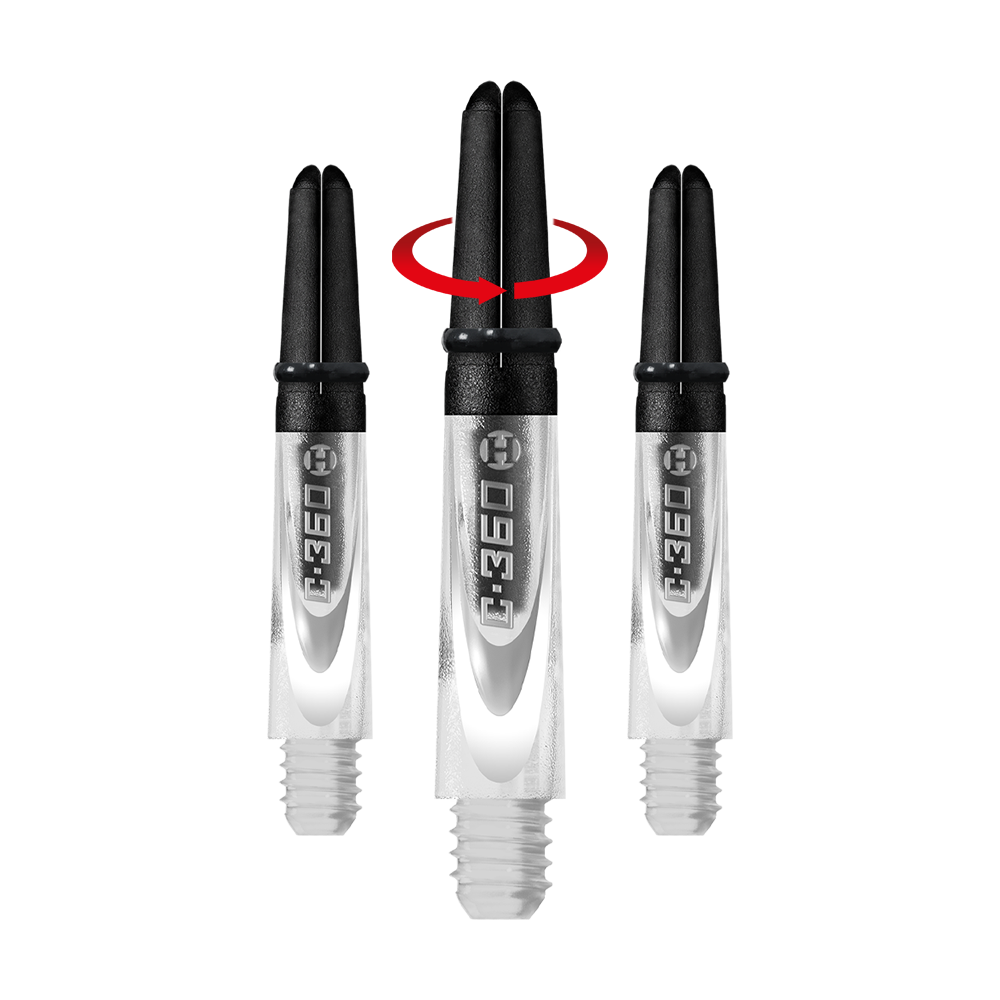 HR446_Harrows_Carbon_360_Shafts_Clear_35mm_1-_Symbol Auf dem Bild sind drei transparente Dartschäfte mit schwarzem oberen Teil zu sehen. In der Mitte zeigt ein roter Pfeil, dass sich das obere Stück drehen lässt.