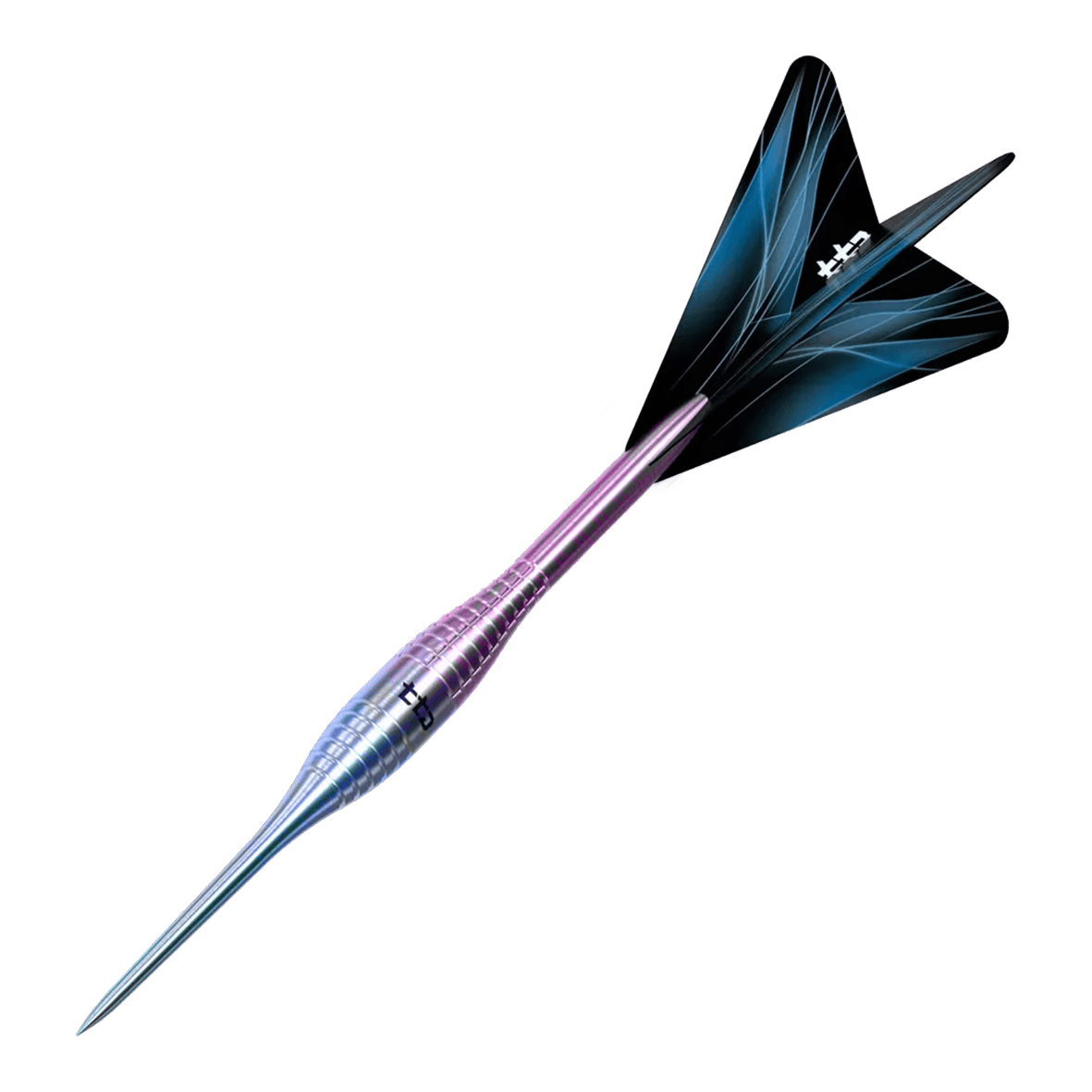 Gezeigt werden Caliburn TTD Complete Titanium T2 Rainbow Steeldarts - 6g. Diese Steeldarts sind aus Titan gefertigt und haben eine regenbogenfarbene Optik.