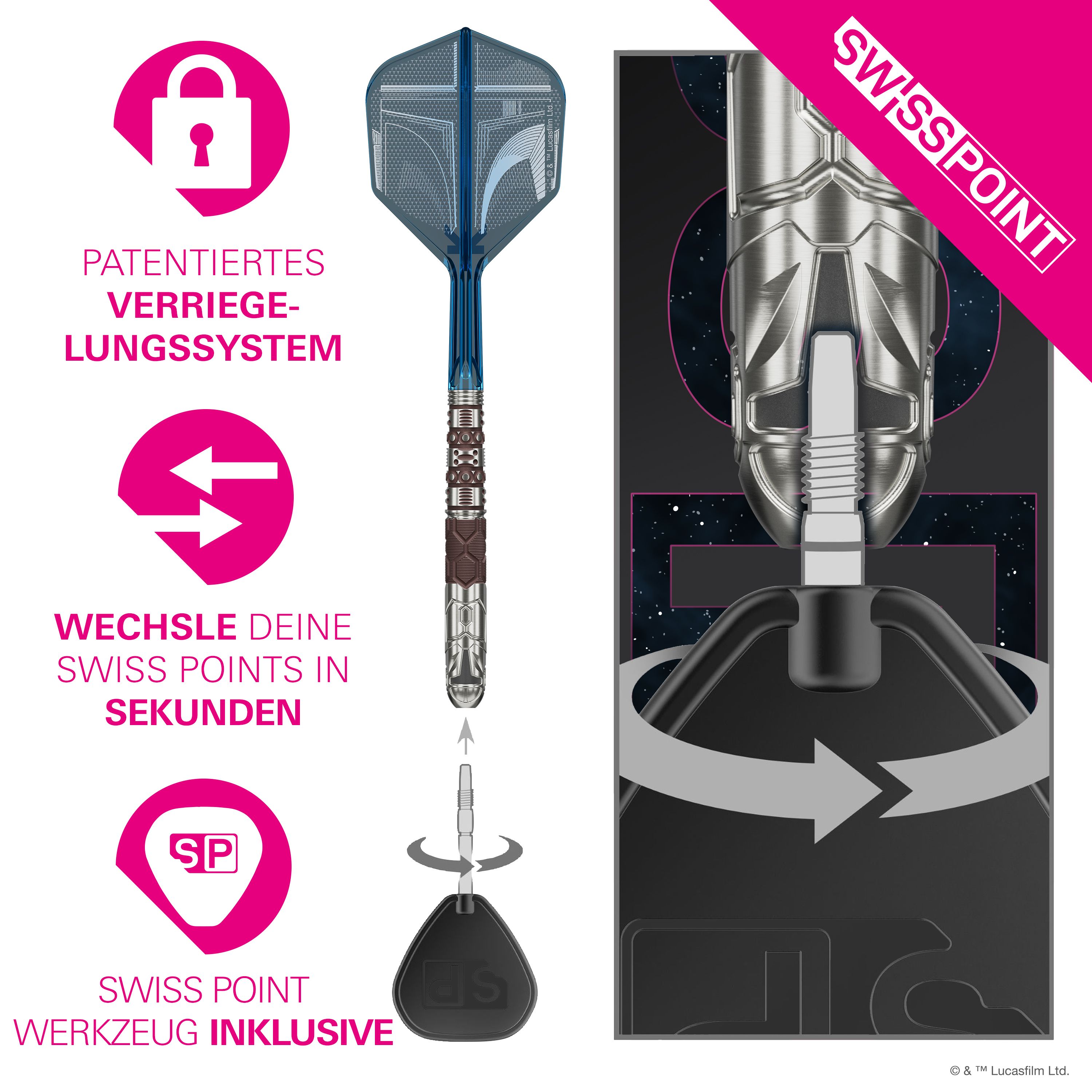 Target Star Wars Mandalorian 95 Swiss Point Steeldarts Das Bild zeigt die Target Star Wars Mandalorian 95 Swiss Point Steeldarts. Es handelt sich um hochwertige Steeldarts mit einem Mandalorian-Design.
