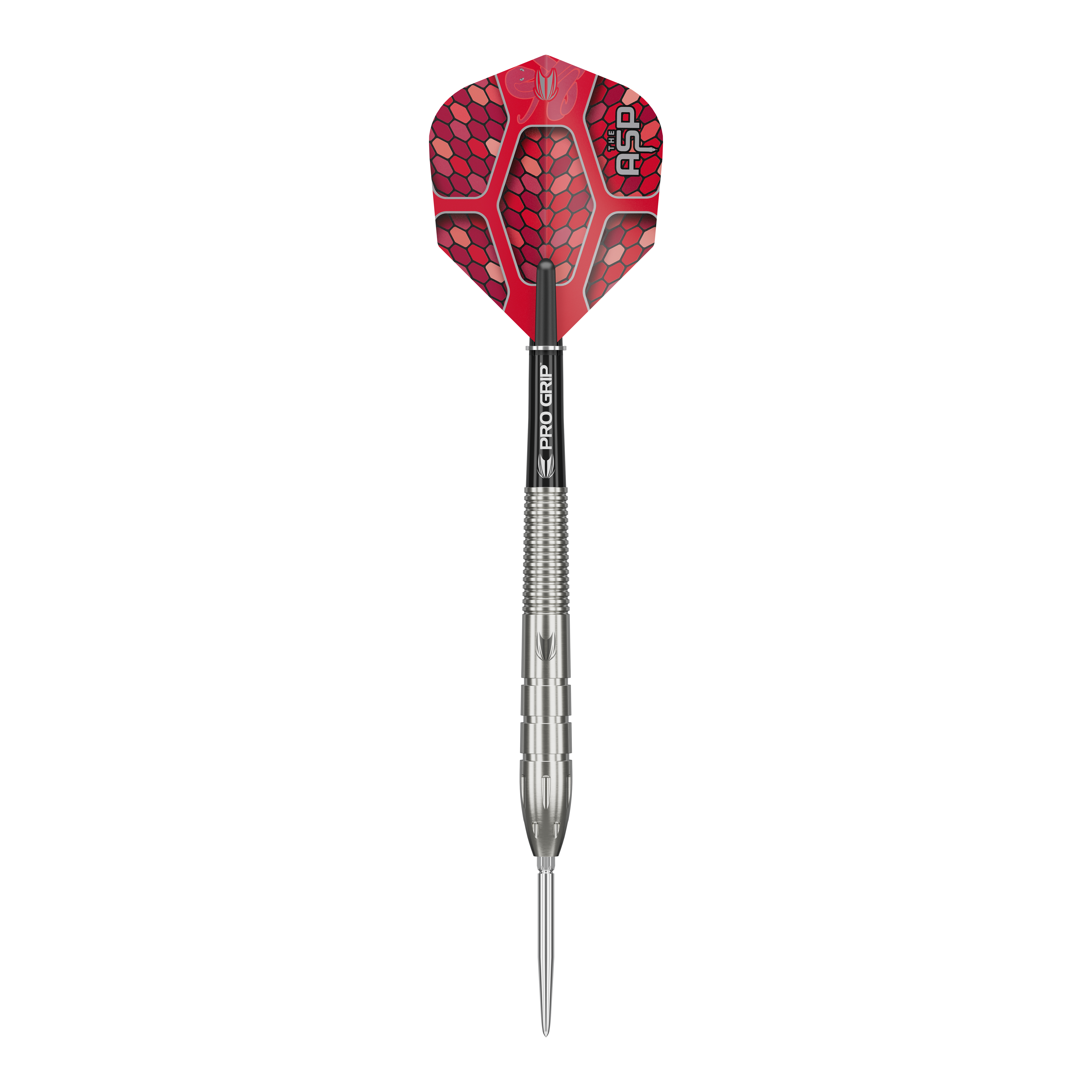 Target Nathan Aspinall GEN1 Swiss Point Steeldarts Das Bild zeigt einen Target Nathan Aspinall GEN1 Swiss Point Steeldart. Der Dart hat eine silberne Spitze und einen roten Flight mit Schuppenmuster.