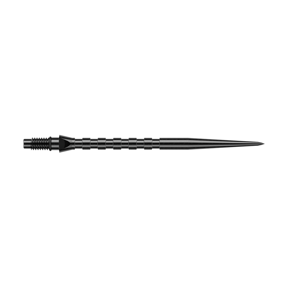 Winmau Switch Point Groove Steeldartspitzen - Schwarz Abgebildet ist eine Winmau Switch Point Groove Black Steeldartspitze in 40 mm Länge. Das Foto zeigt Detailansicht einer Darts-Spitze.