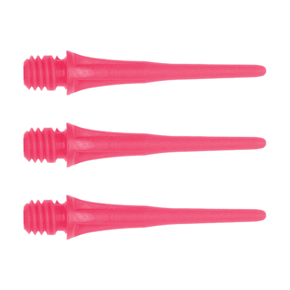 X9056_Cosmo_Fit_Point_Plus_2BA_Spitzen_Pink_1 Das Bild zeigt drei pinke Dartspitzen des Produkts "Cosmo Fit Point Plus 2BA Spitzen 25mm". Sie sind nebeneinander angeordnet und haben ein Gewinde an einem Ende.