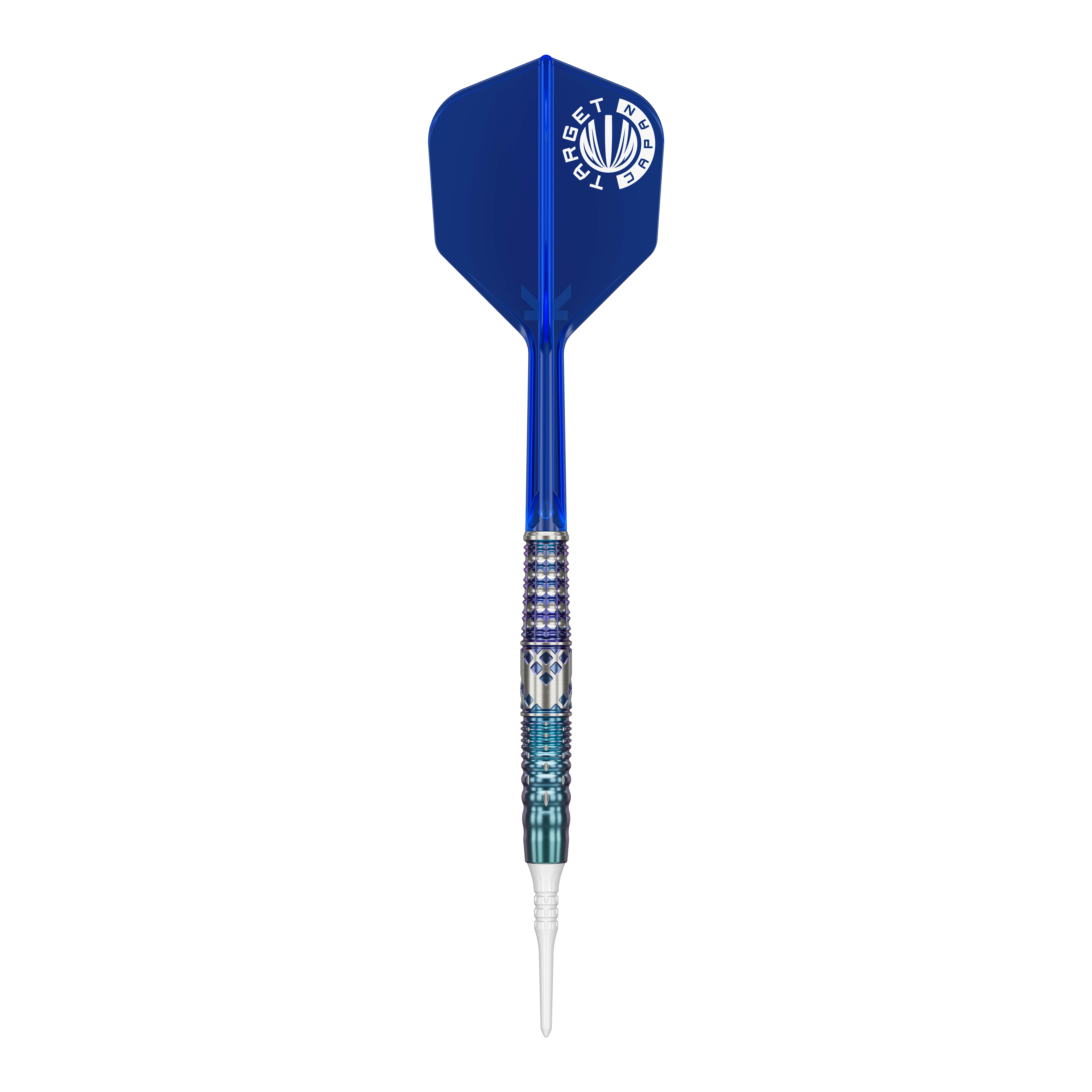 Target Japan Cathy Leung Charis GEN5 Softdarts - 19g Das Bild zeigt einen Softdart mit einem blauen Flight und silber-blau gemustertem Griff. Es handelt sich um das Produkt "Target Japan Cathy Leung Charis GEN5 Softdarts - 19g".
