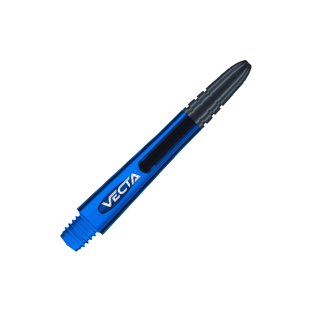 Das Bild zeigt einen blauen Winmau Vecta Shaft für Darts. Im Hintergrund sind blaue und graue Linien zu sehen.