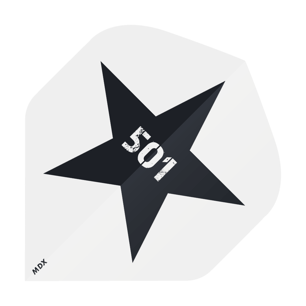 MD-401-Log_2-Seitig_Bedruckte_Flights_Logo_MDX_3 Das Bild zeigt einen schwarzen Stern auf grauem Hintergrund. In der Mitte des Sterns steht die Zahl "501" in weißer, abgenutzter Schrift, und unten links ist klein "MDX" geschrieben.