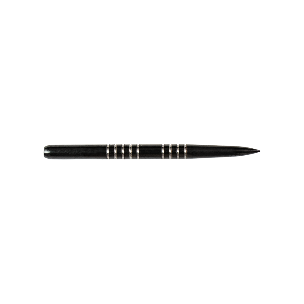 57741_Bulls_GP1_Steeldartspitzen_Schwarz_34mm_2 Das Bild zeigt eine schwarze Steeldartspitze mit silbernen Rillen. Die Spitze gehört zum Produkt "Bulls GP1 Steeldartspitzen Schwarz".