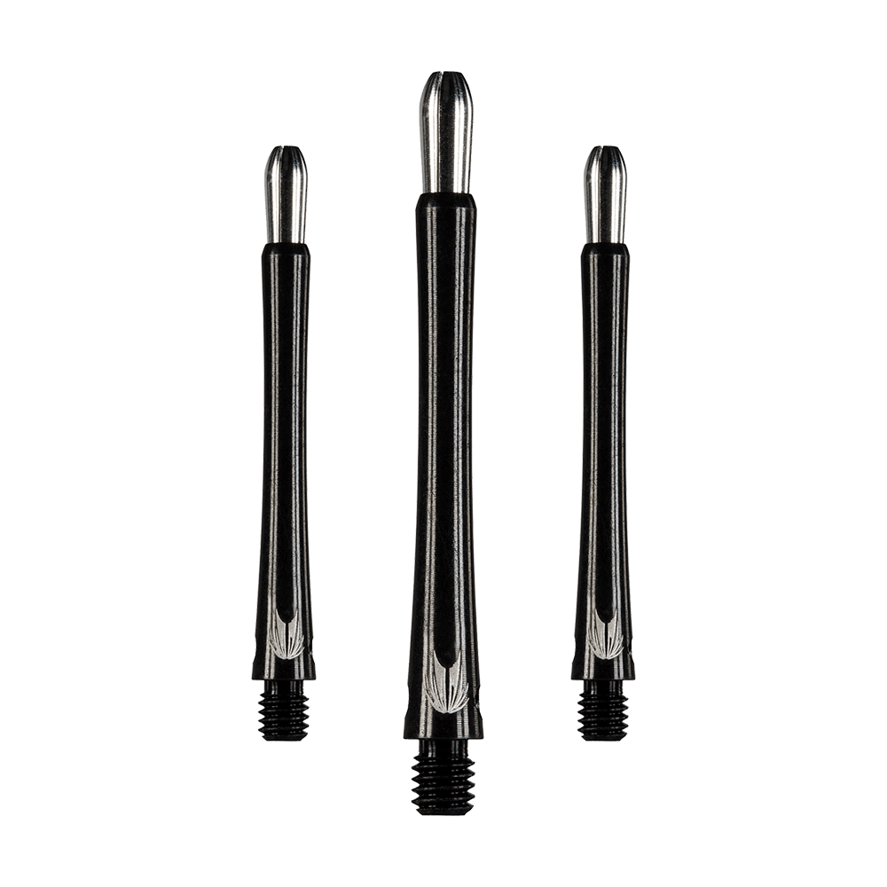 Auf dem Bild sind drei schwarze Aluminium-Dartschäfte in unterschiedlicher Länge zu sehen. Sie haben ein silbernes Oberteil und ein Gewinde am unteren Ende.