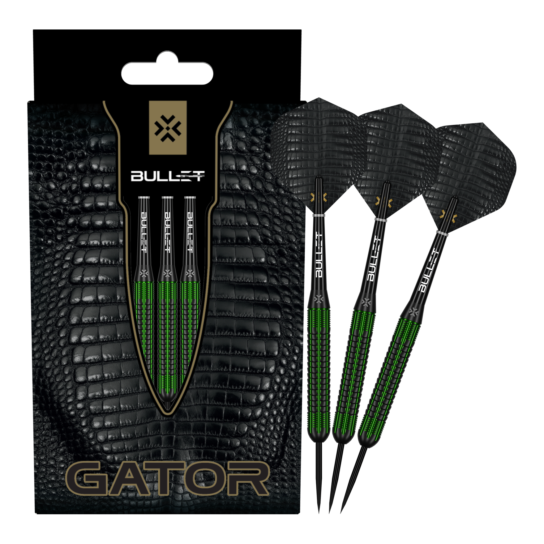 Bullet Gator Brass Steeldarts - 22g Zu sehen sind die Bullet Gator Brass Steeldarts - 22g in voller Ansicht. Sie sind aus Messing gefertigt und wiegen 22 Gramm.