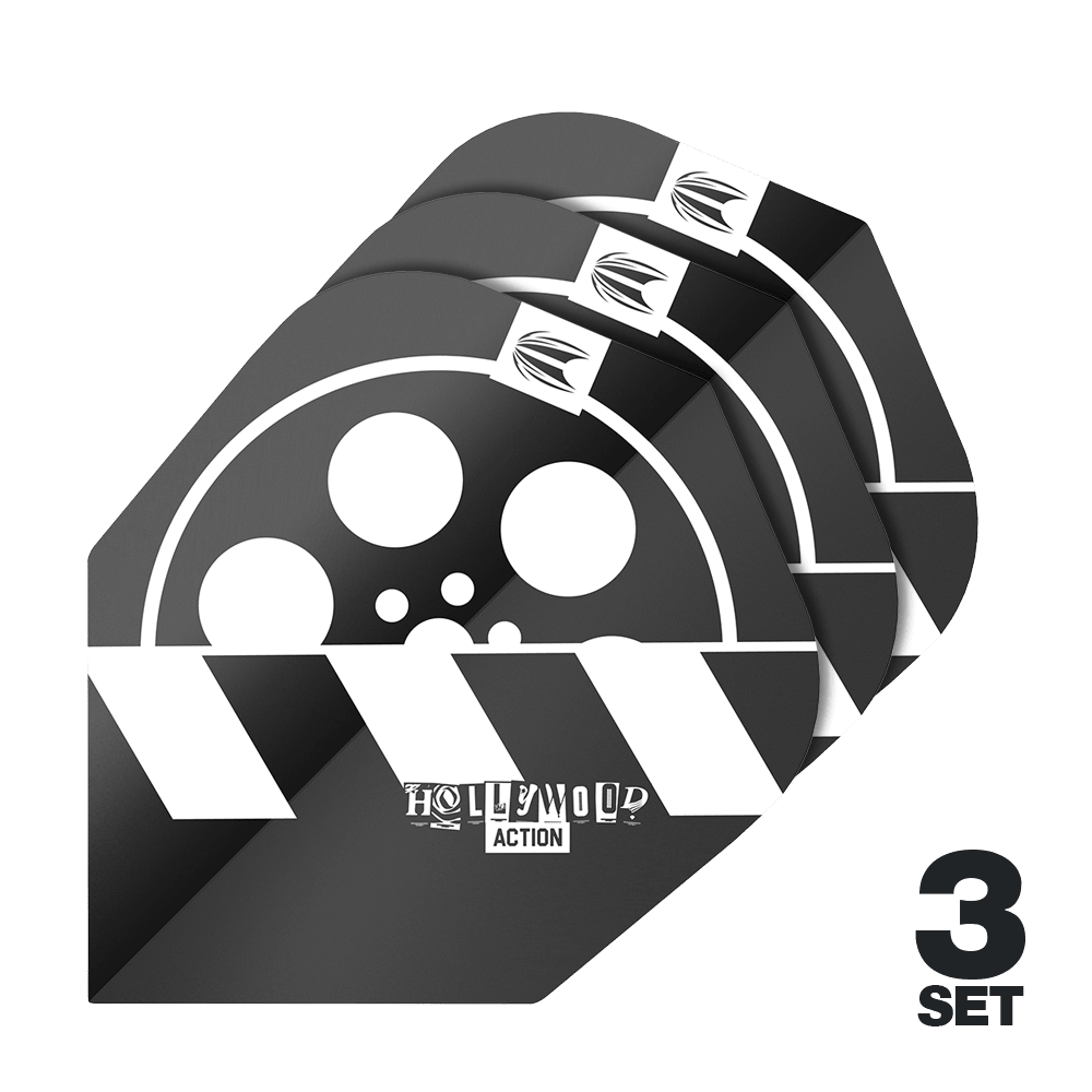 Target Pro Ultra Chris Dobey Hollywood Action No6 Flights - 3 Sets Das Bild zeigt drei Sets der Target Pro Ultra Chris Dobey Hollywood Action No6 Flights. Die Flights haben ein schwarz-weißes Design mit einem Filmrollen- und Klappenmotiv sowie dem Schriftzug "Hollywood Action".