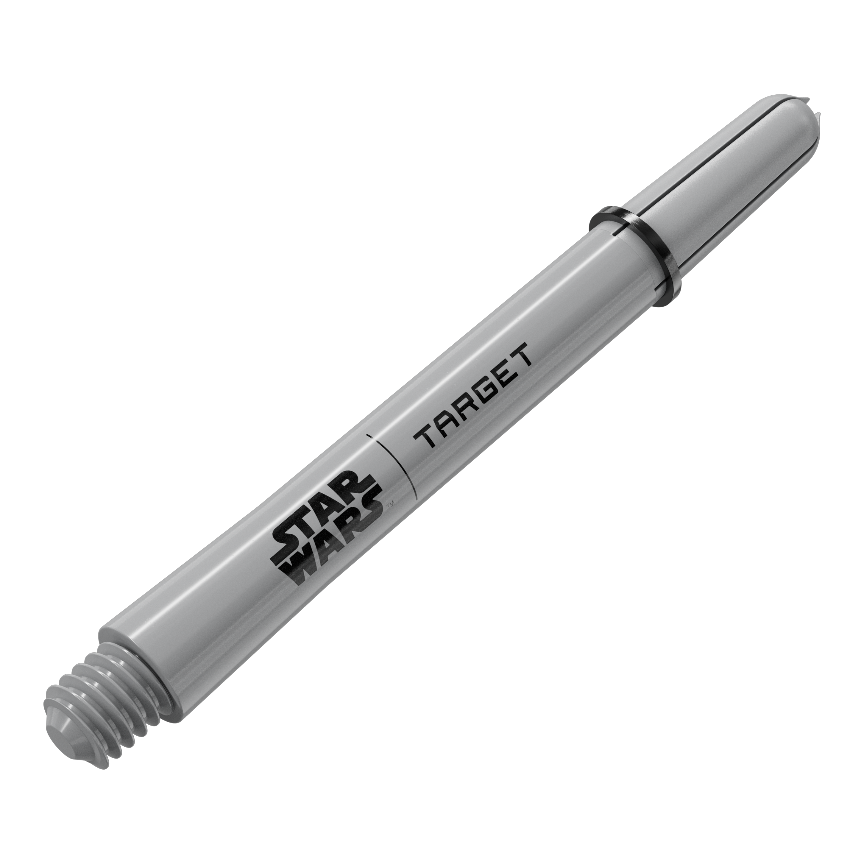 Target Star Wars ProGrip Shafts - Grau Das Bild zeigt ein Dart-Zubehör mit dem Dateinamen 380432_Target_StarWars_ProGrip_Shafts_Grau_Medium_48mm_2. Es handelt sich vermutlich um einen weiteren grauen Medium ProGrip Shaft von Star Wars mit 48mm Länge.