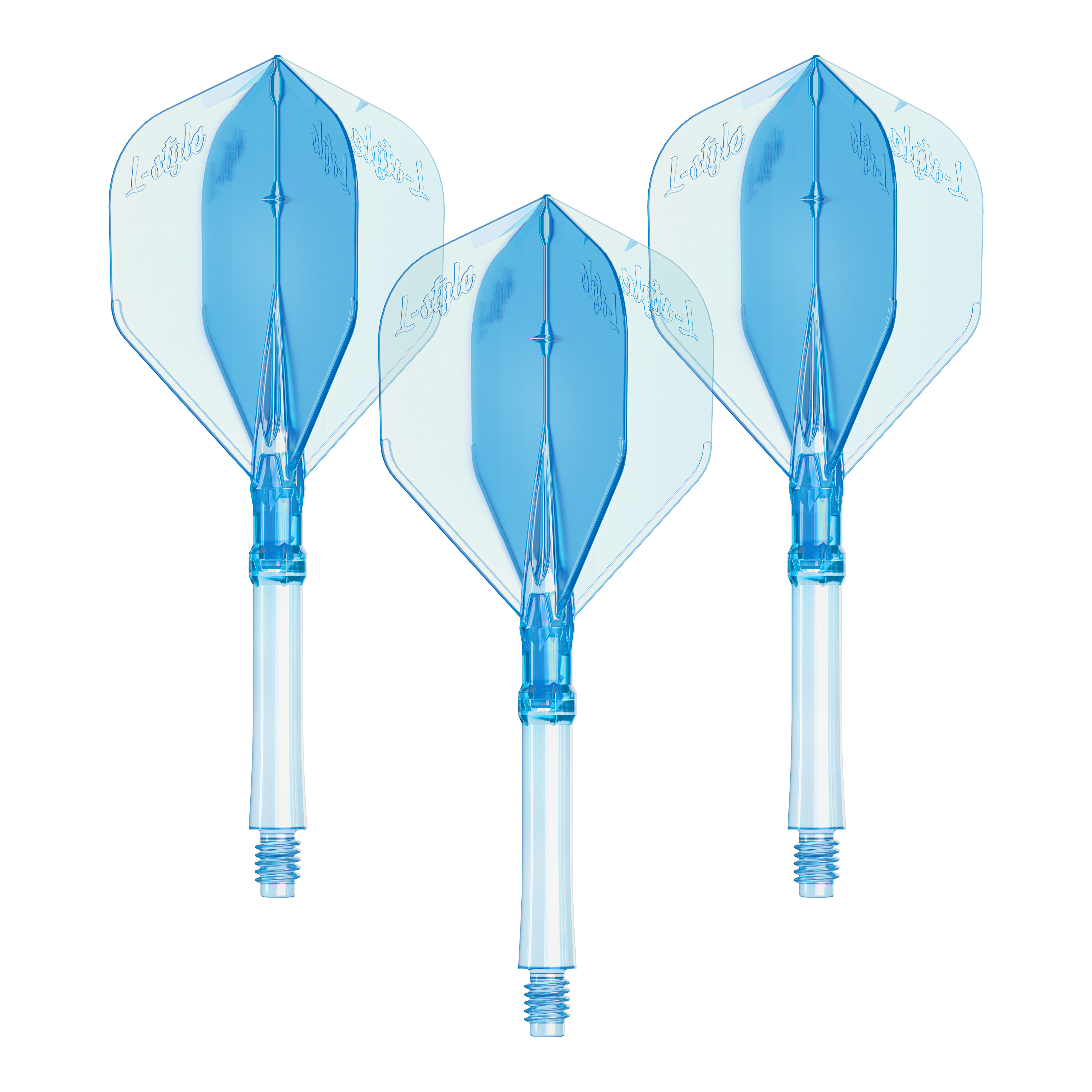 Dargestellt ist ein Set L-Style L-System Flights in klarblau, in der großen Größe 330. Das Produkt ist ein Zubehörteil für Dartpfeile.