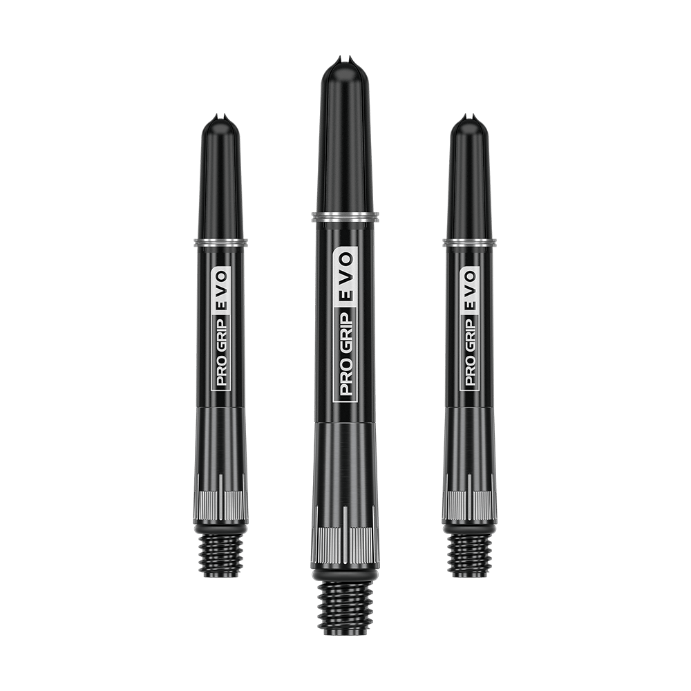 Das Bild zeigt drei schwarze Dartschäfte mit der Aufschrift „Pro Grip EVO“. Sie sind in einer Reihe angeordnet und haben ein modernes, metallisches Design.