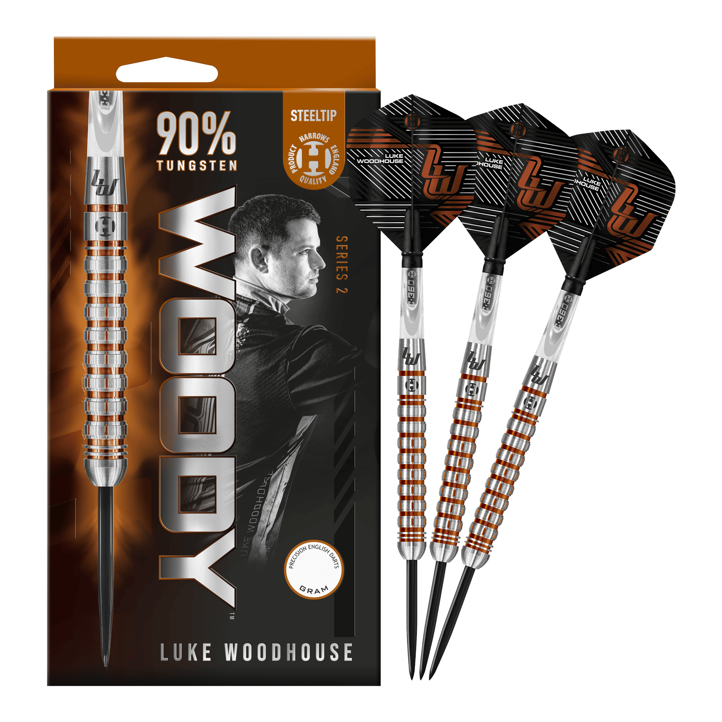 Harrows Luke Woodhouse Series 2 Steeldarts Auf dem Bild sind die Harrows Luke Woodhouse Series 2 Steeldarts zu sehen. Die Verpackung zeigt das Dart-Design sowie ein Porträt von Luke Woodhouse und die Aufschrift "90% Tungsten".