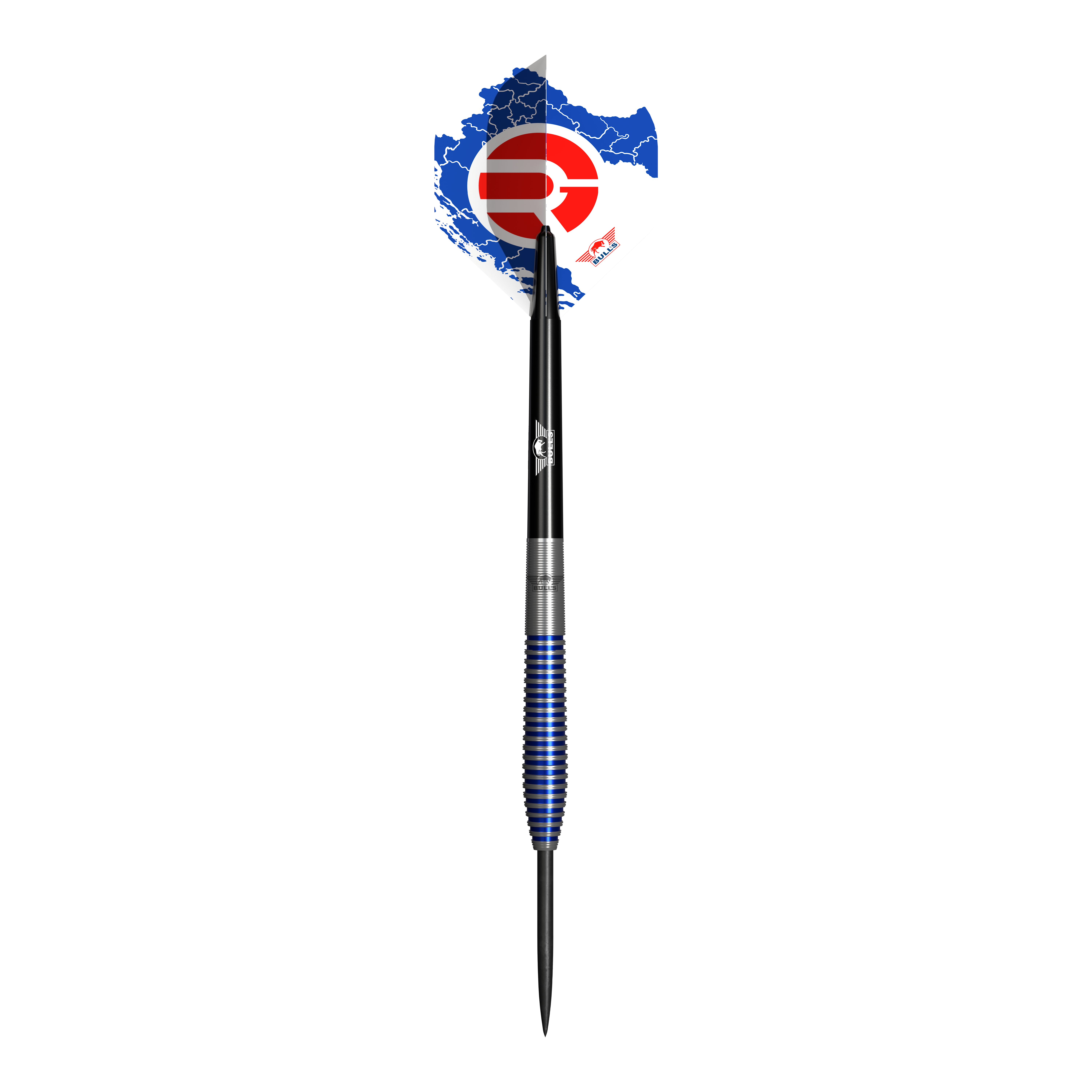 Bulls NL Romeo Grbavac Steeldarts - 23g Das Bild zeigt einen Steeldart namens "Bulls NL Romeo Grbavac Steeldarts - 23g". Der Dartpfeil hat einen schwarz-silber-blauen Schaft und eine Flights mit blau-weiß-rotem Design.