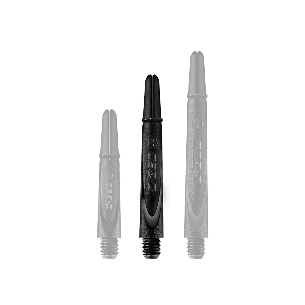Auf dem Bild sind drei schwarze Dartschäfte in unterschiedlichen Längen zu sehen. Sie bestehen aus Carbon und haben ein schlichtes, modernes Design.