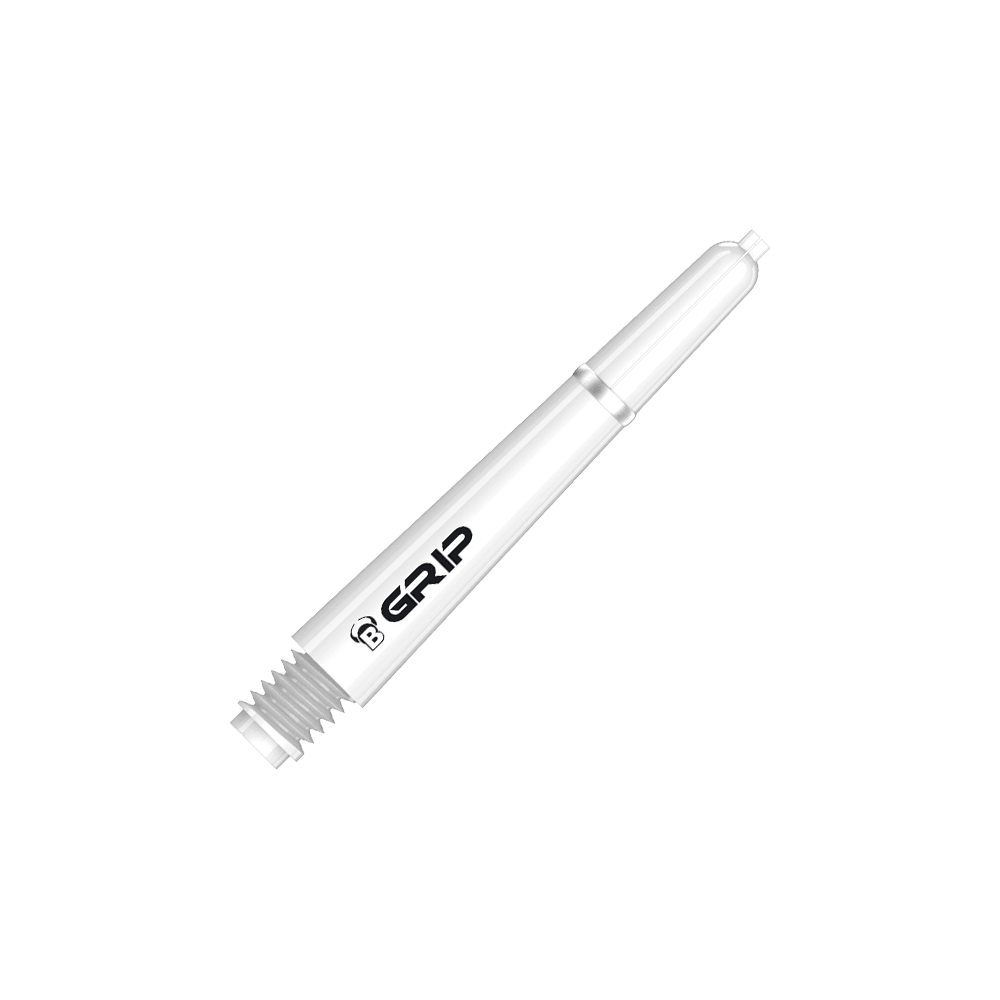 Das Bild zeigt einen weißen Dartshaft mit der Aufschrift "B GRIP". Es handelt sich um das Produkt "Bulls B-Grip-2 SL Shafts - Weiß".