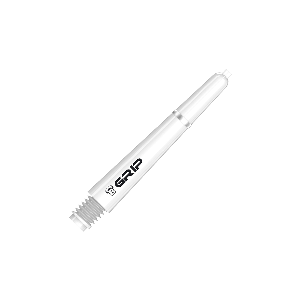 BS55079_Bulls_B-Grip-2_SL_Shafts_Weiss_35mm_2 Das Bild zeigt einen weißen Dartshaft mit der Aufschrift "B GRIP". Es handelt sich um das Produkt "Bulls B-Grip-2 SL Shafts - Weiß".