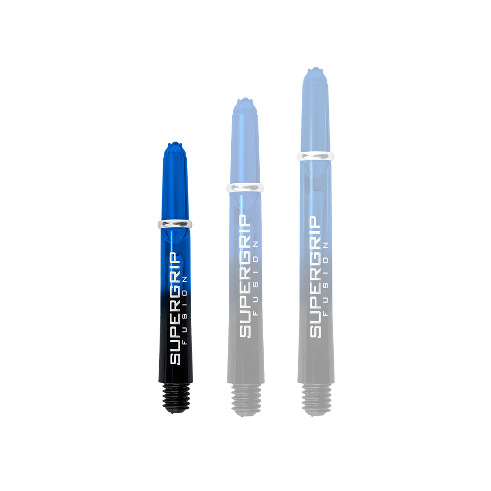 Das Bild zeigt drei blaue Harrows Supergrip Fusion Shafts in unterschiedlichen Längen. Sie sind schwarz-blau gestaltet und tragen den Aufdruck "SUPERGRIP FUSION".