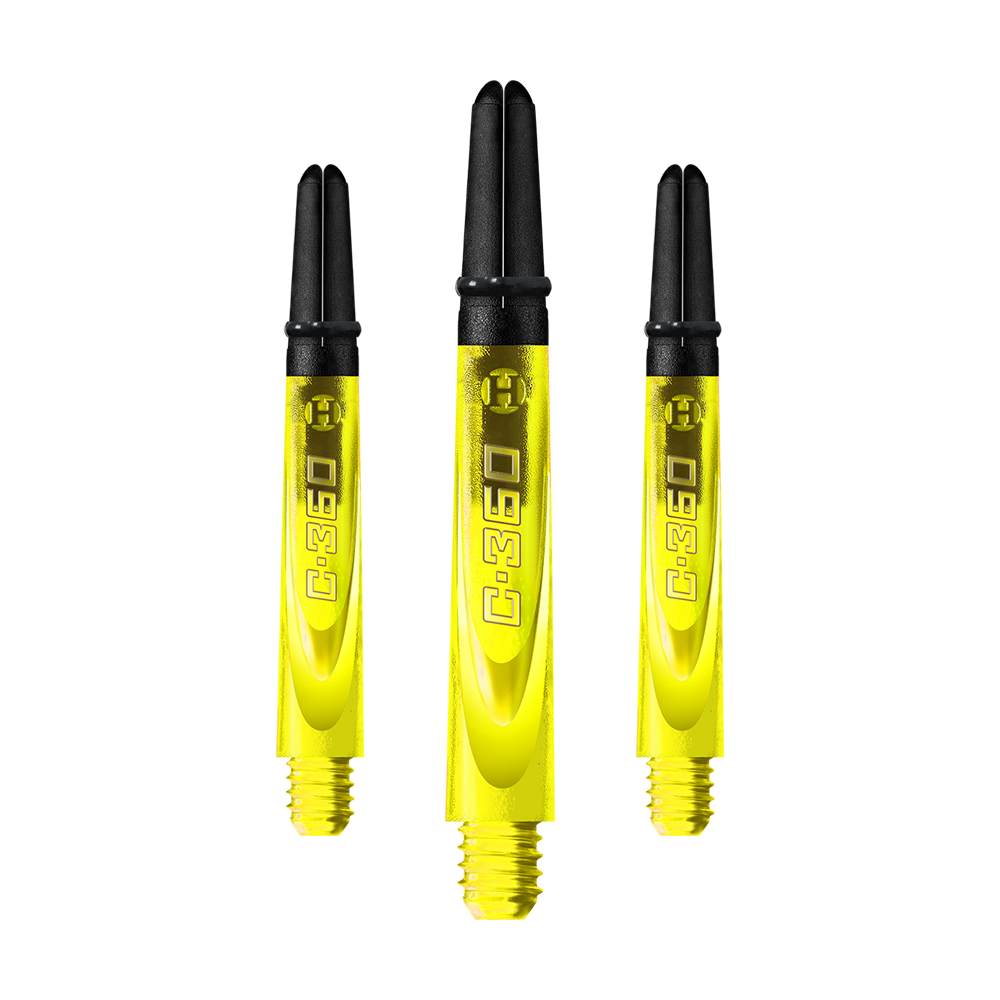 HR450_Harrows_Carbon_360_Shafts_Gelb_42mm_1mOghs0EzjOkLr Auf dem Bild sind drei gelbe Dartschäfte mit schwarzem oberen Teil zu sehen. Auf jedem Schaft steht die Aufschrift "C 360" und das Harrows-Logo.