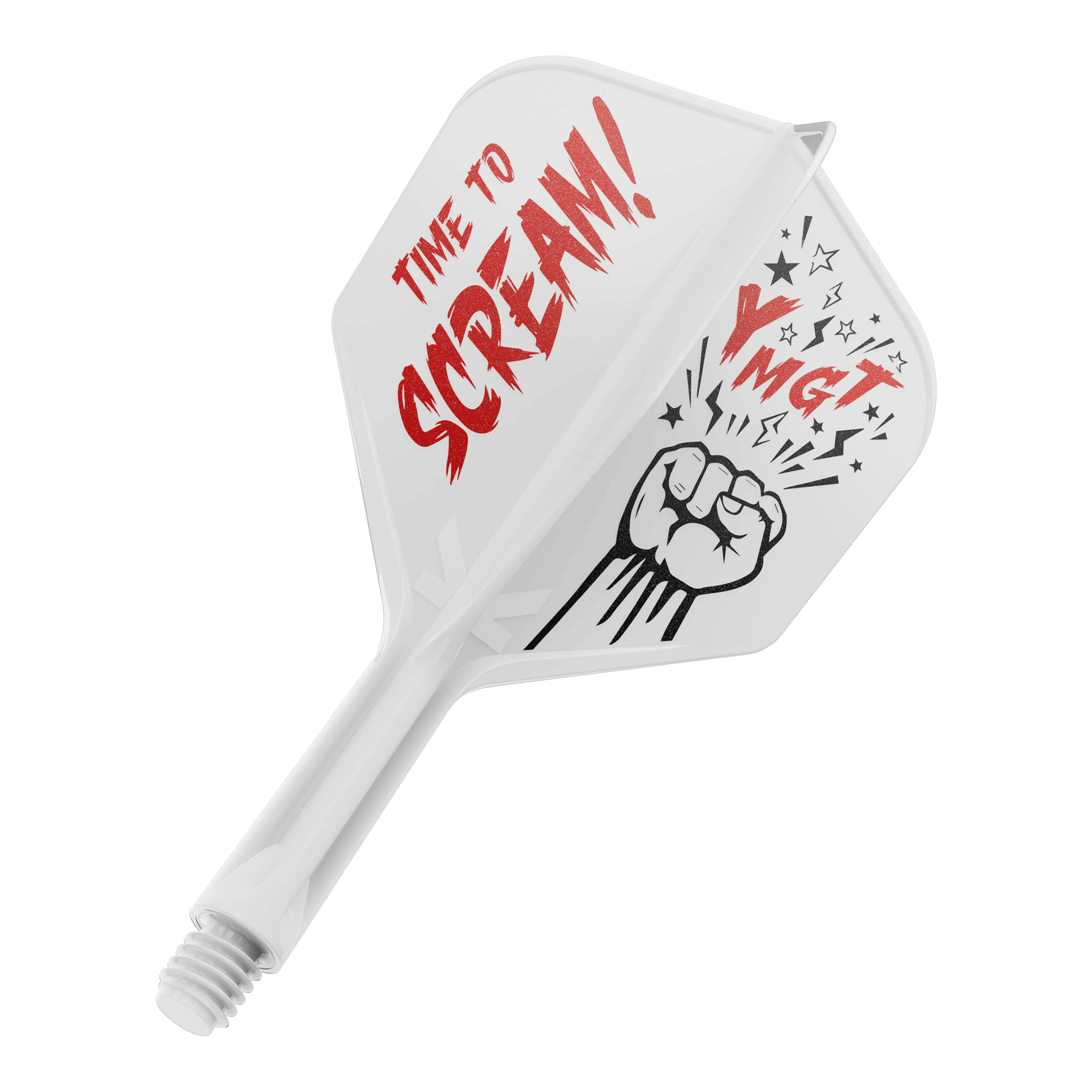 Target Japan K-Flex Scream No6 Flight-Shaft-System Das Bild zeigt eine Dartflügel- und Schaftkombination in Weiß mit roter und schwarzer Beschriftung. Auf dem Flügel steht "TIME TO SCREAM!" zusammen mit einer gezeichneten Faust und einigen Sternen.
