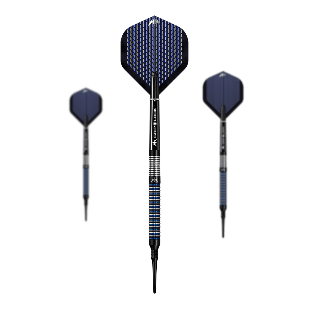 Mission Nightfall Model 1 Softdarts Das Bild zeigt drei Softdarts des Modells "Mission Nightfall Model 1". Die Darts haben schwarze Spitzen, blaue Flügel und einen silber-blau gestreiften Griff.