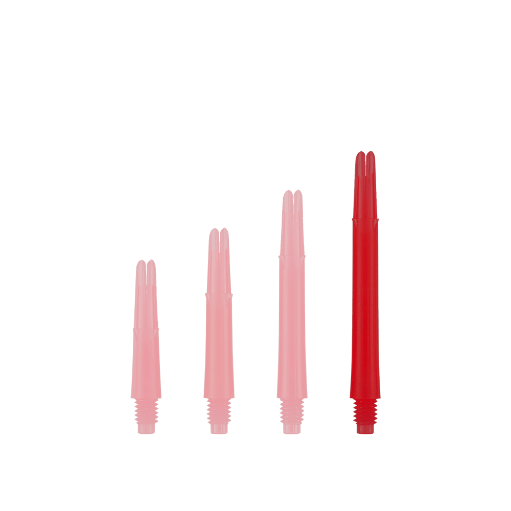 L-Style L-Shafts Locked Straight - Red 330 Das Bild zeigt vier rote, gerade Dart-Schäfte in unterschiedlichen Längen. Sie sind aufrecht und nebeneinander aufgereiht, ohne Kappen.