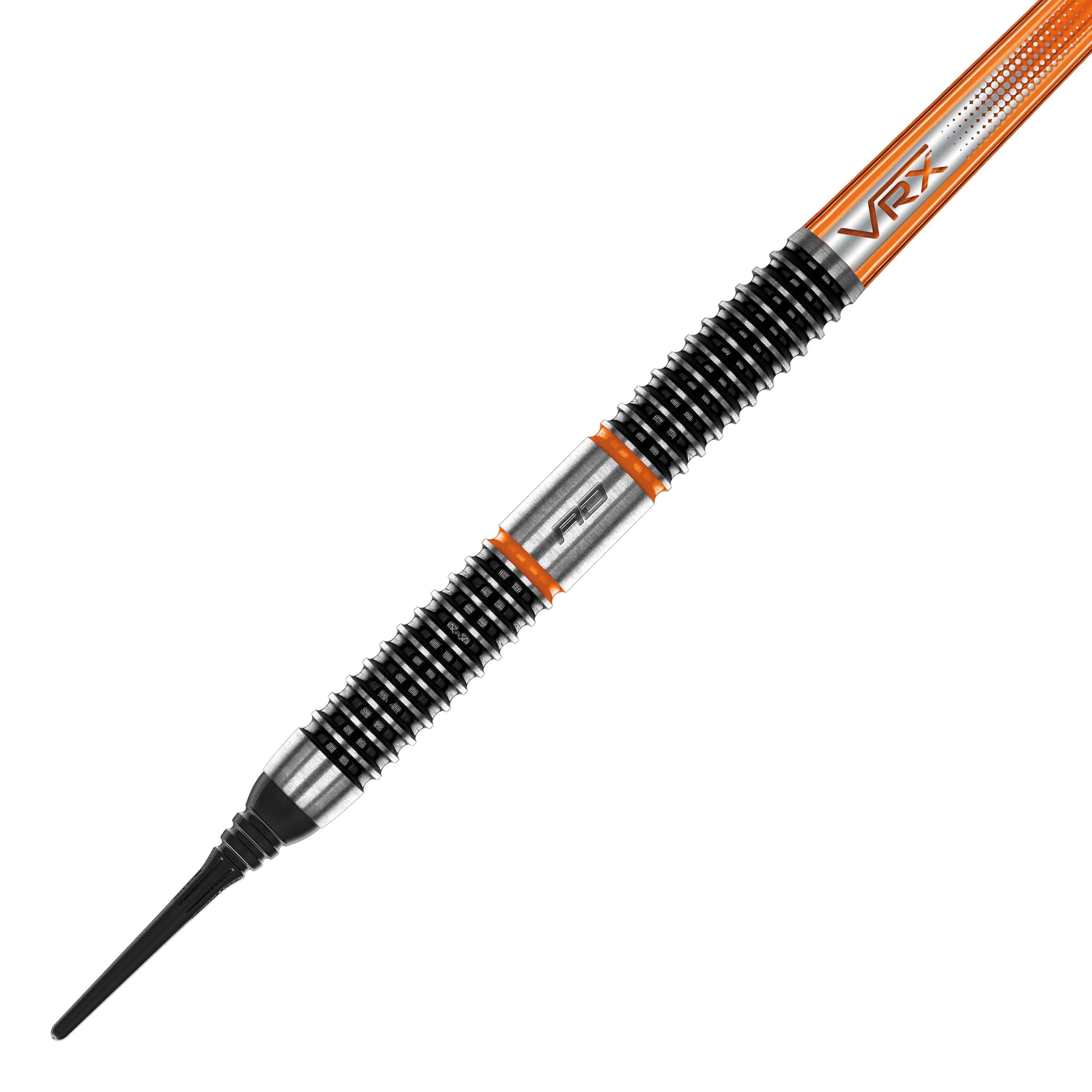 Red Dragon Amberjack 18 Softdarts - 20g Das Bild zeigt einen Red Dragon Amberjack 18 Softdart mit einem Gewicht von 20 Gramm. Der Dartpfeil hat ein markantes Design mit schwarzen und silbernen Rillen sowie orangen Akzenten.