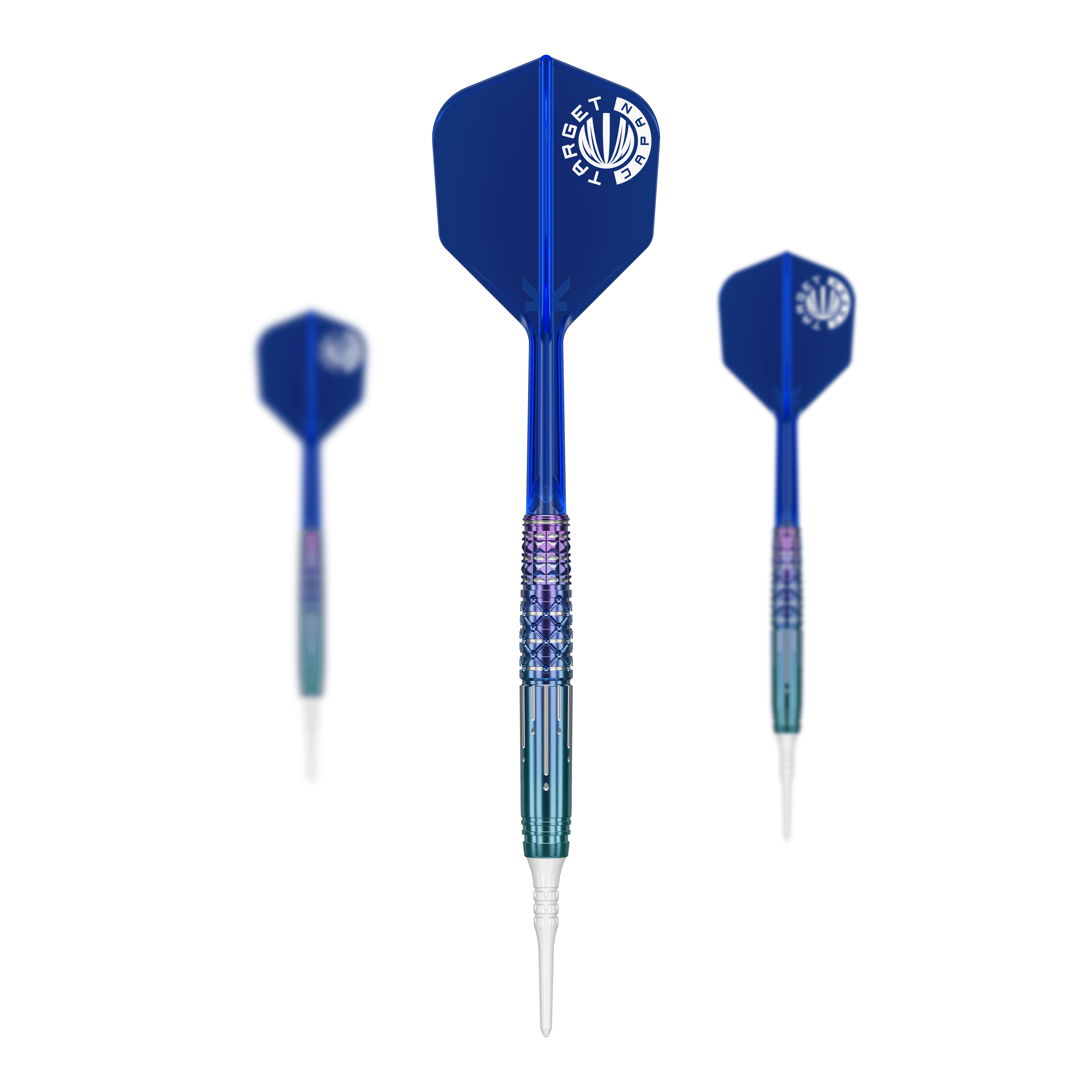 Target Japan Cathy Leung Charis GEN4 Softdarts - 21g Das Bild zeigt drei Softdarts des Produkts "Target Japan Cathy Leung Charis GEN4" mit einem Gewicht von 21g. Die Darts haben blaue Flights und weiße Spitzen.