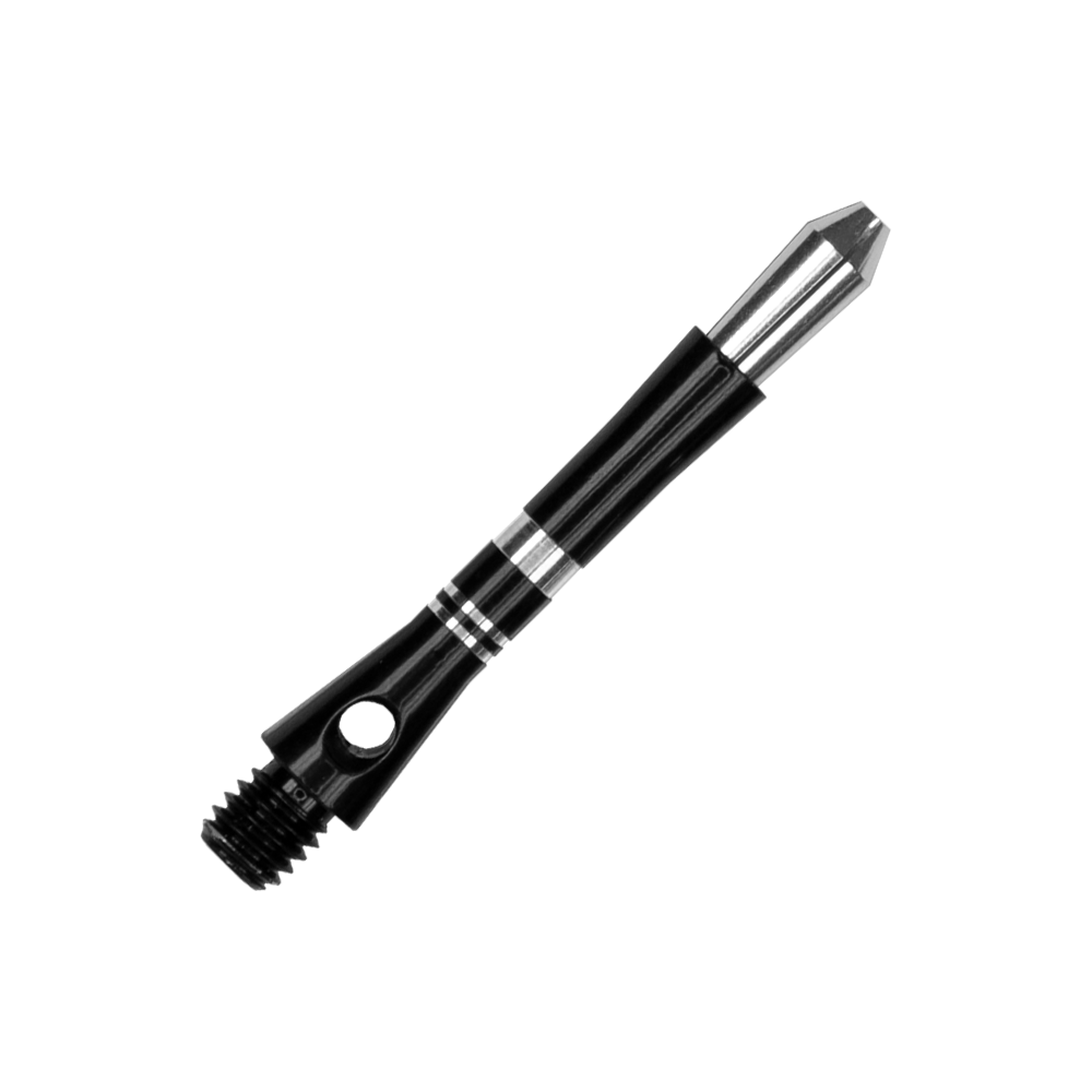 560_Target_Colette_Shafts_Schwarz_35mm_2 Das Bild zeigt einen schwarzen Harrows Colette Shaft für Darts. Der Shaft hat silberne Akzente und ein klassisches, schlankes Design.