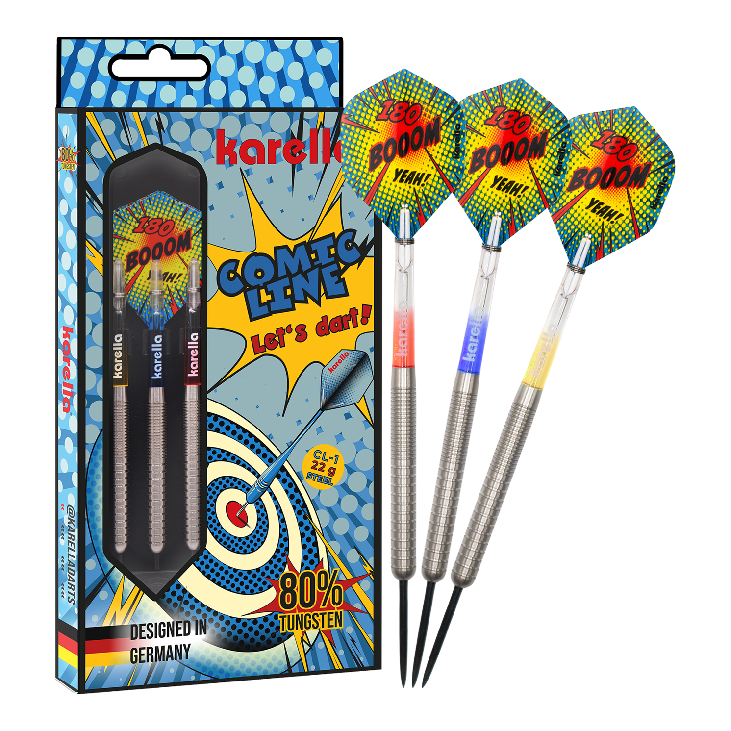 Karella Comic Line CL-1 Steeldarts - 22g Das Bild zeigt den Karella Comic Line CL-1 Steeldarts - 22g. Es veranschaulicht die vollständige Ansicht des Steeldartpfeils.