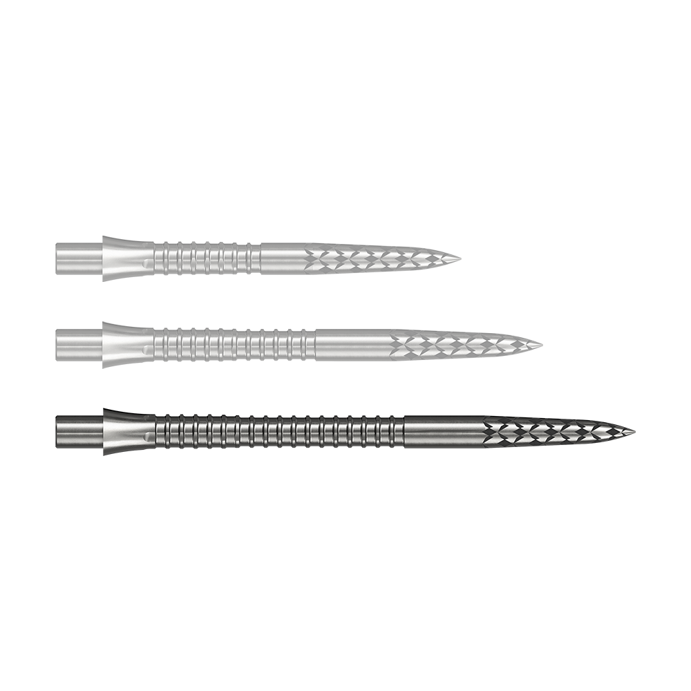Abgebildet sind Steeldartspitzen in Silber, 38 mm lang. Die Spitzen sind einzeln platziert.