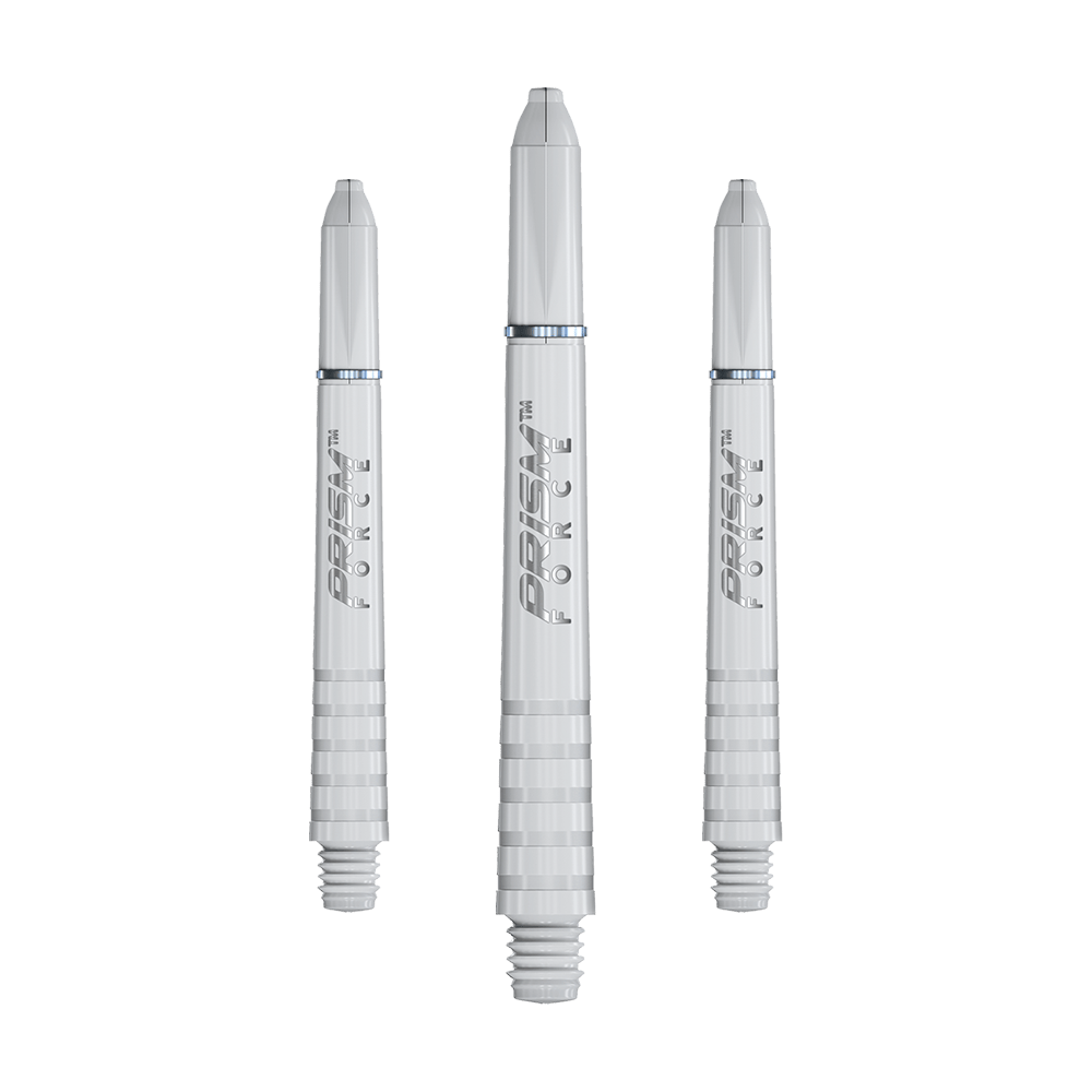 7020-402_Winmau_Prism_Force_Shafts_Weiss_41mm_1 Das Bild zeigt drei weiße Winmau Prism Force Shafts für Darts. Die Shafts sind in verschiedenen Längen angeordnet und tragen den Schriftzug „PRISM FORCE“.