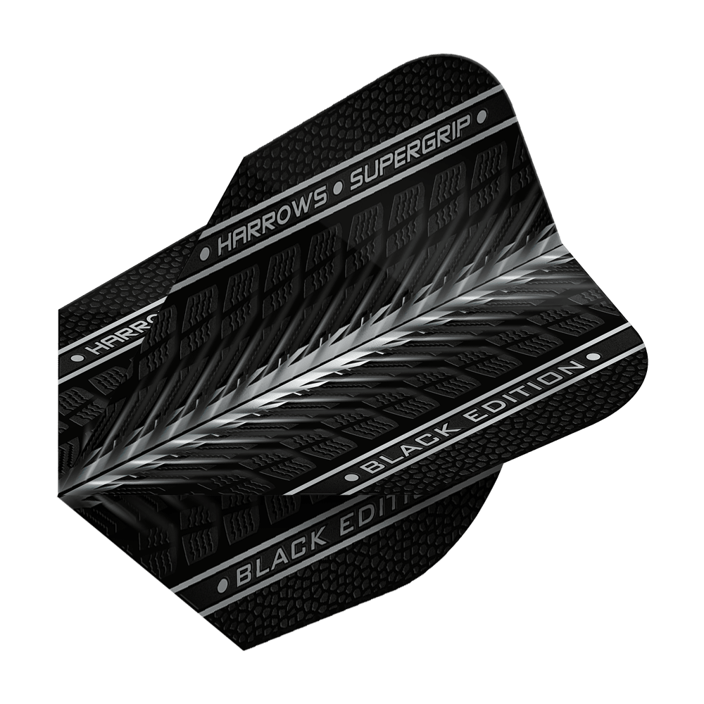 Harrows Supergrip Black-Edition No6 Flights Das Bild zeigt das Produkt "Harrows Supergrip Black-Edition No6 Flights" in schwarzem Design. Auf dem Flight sind die Schriftzüge "HARROWS • SUPERGRIP" und "BLACK EDITION" zu sehen.
