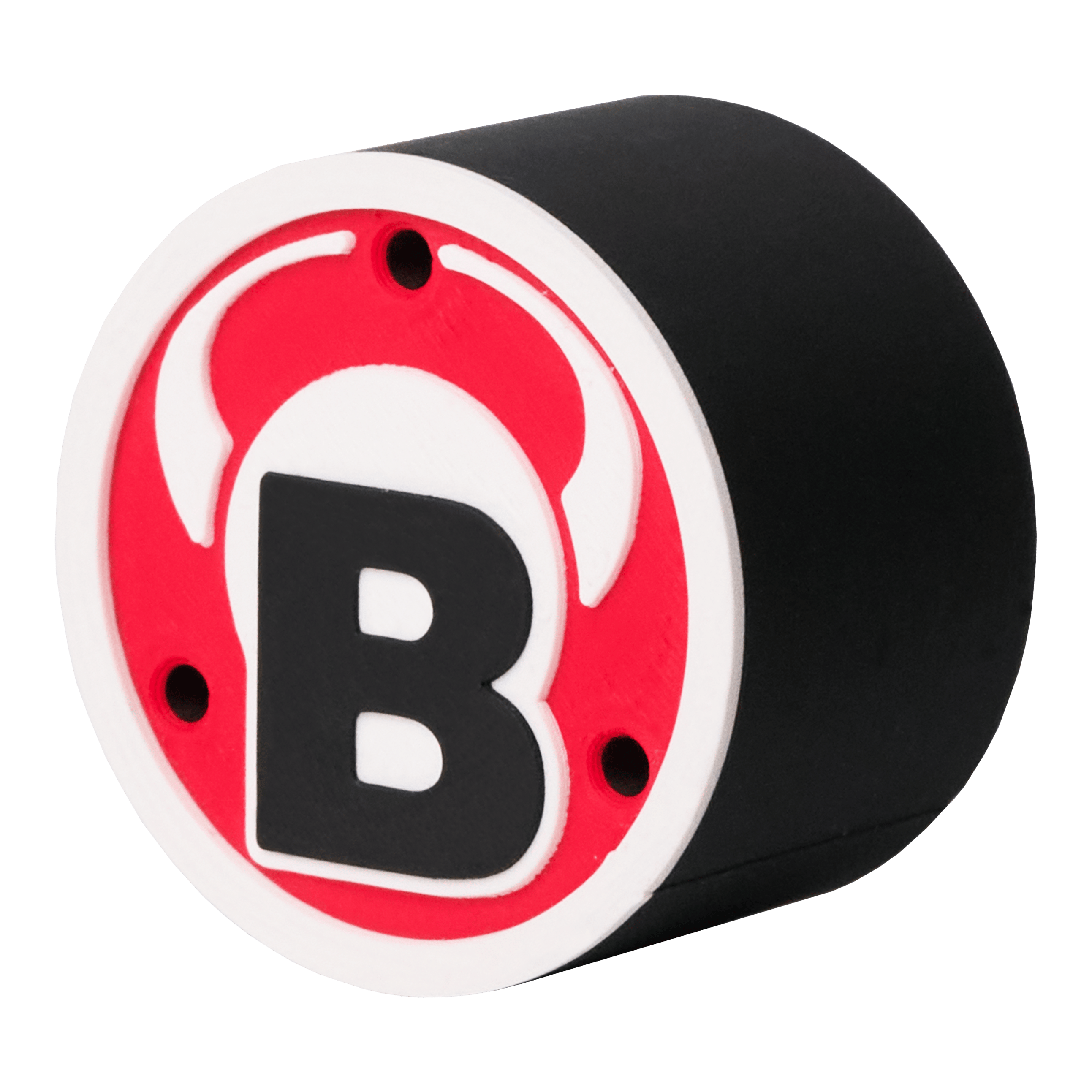 Das Bild zeigt ein rundes schwarzes Produkt mit einem roten und weißen Logo auf der Vorderseite. In der Mitte des Logos befindet sich ein großes schwarzes "B" mit weißen Hörnern darüber.